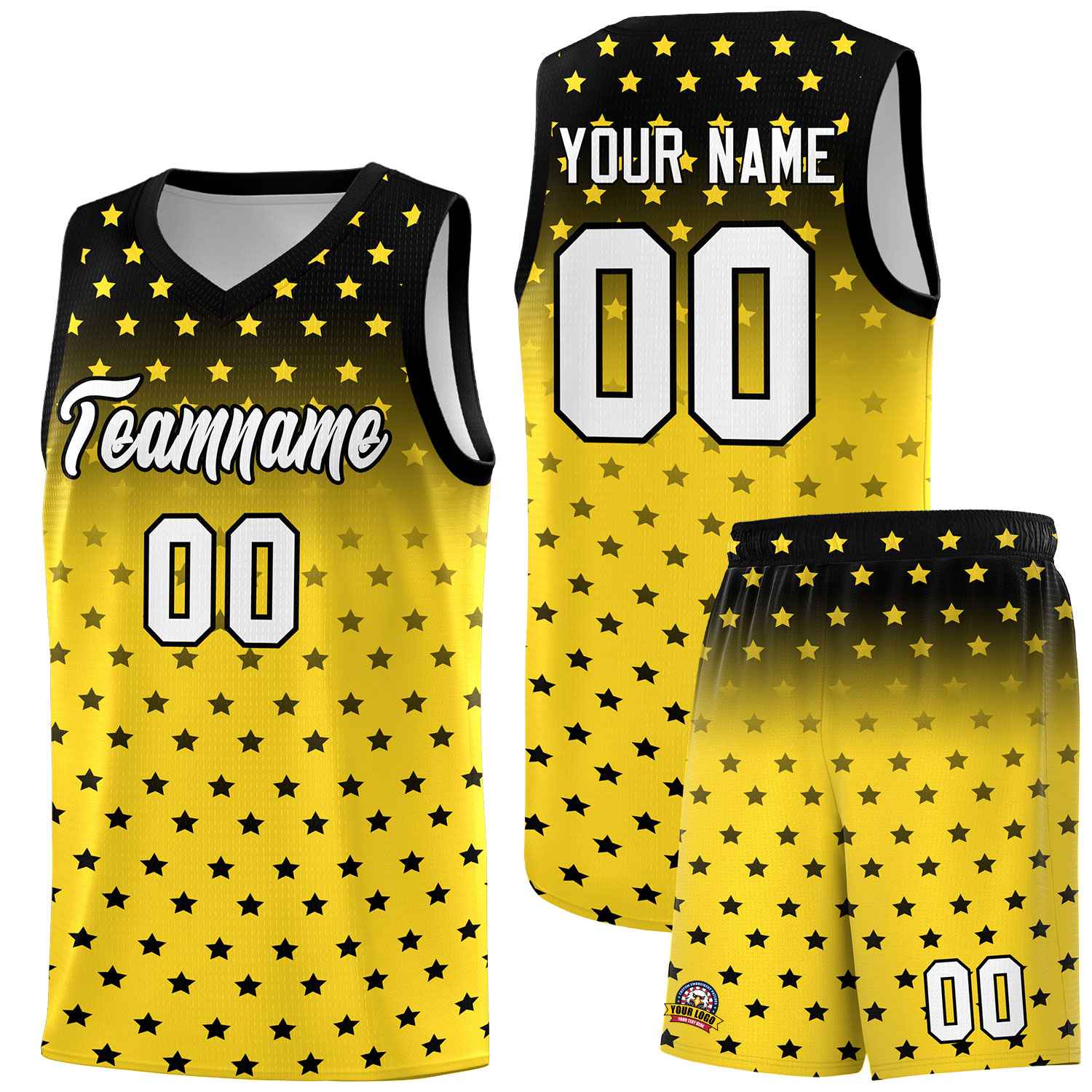 Custom Black Gold Gradient Start Pattern Basketball Jersey Sets