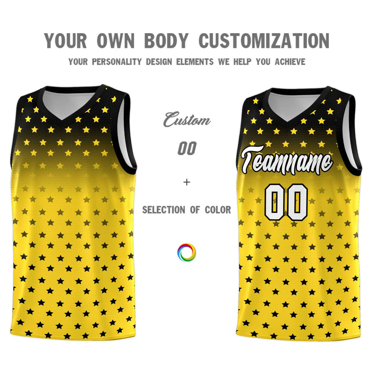 Custom Black Gold Gradient Start Pattern Basketball Jersey Sets