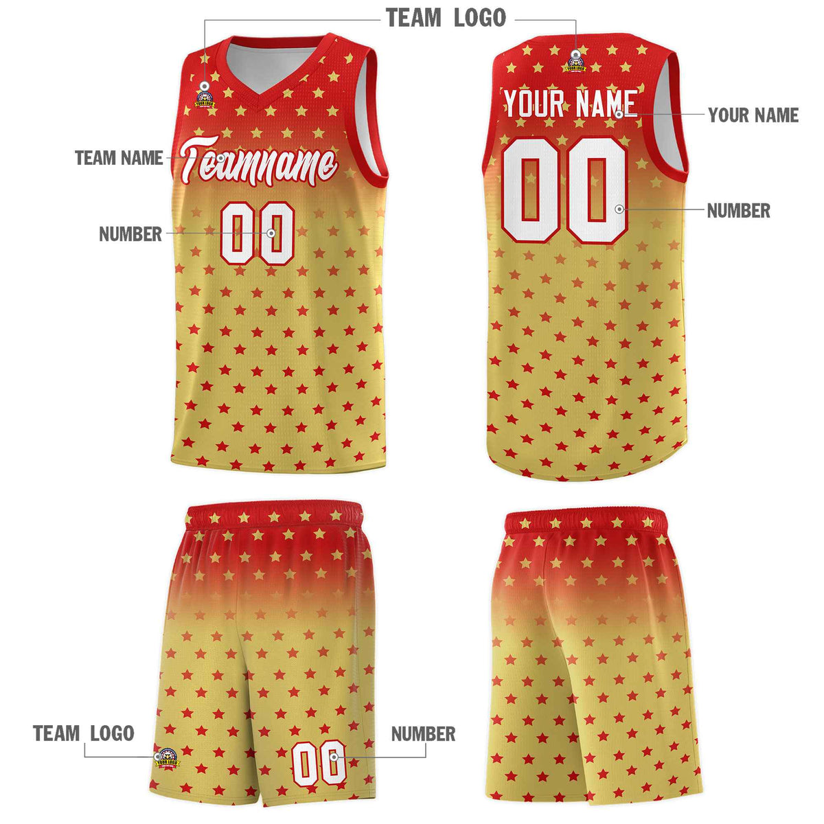 Custom Red Old Gold Gradient Start Pattern Basketball Jersey Sets