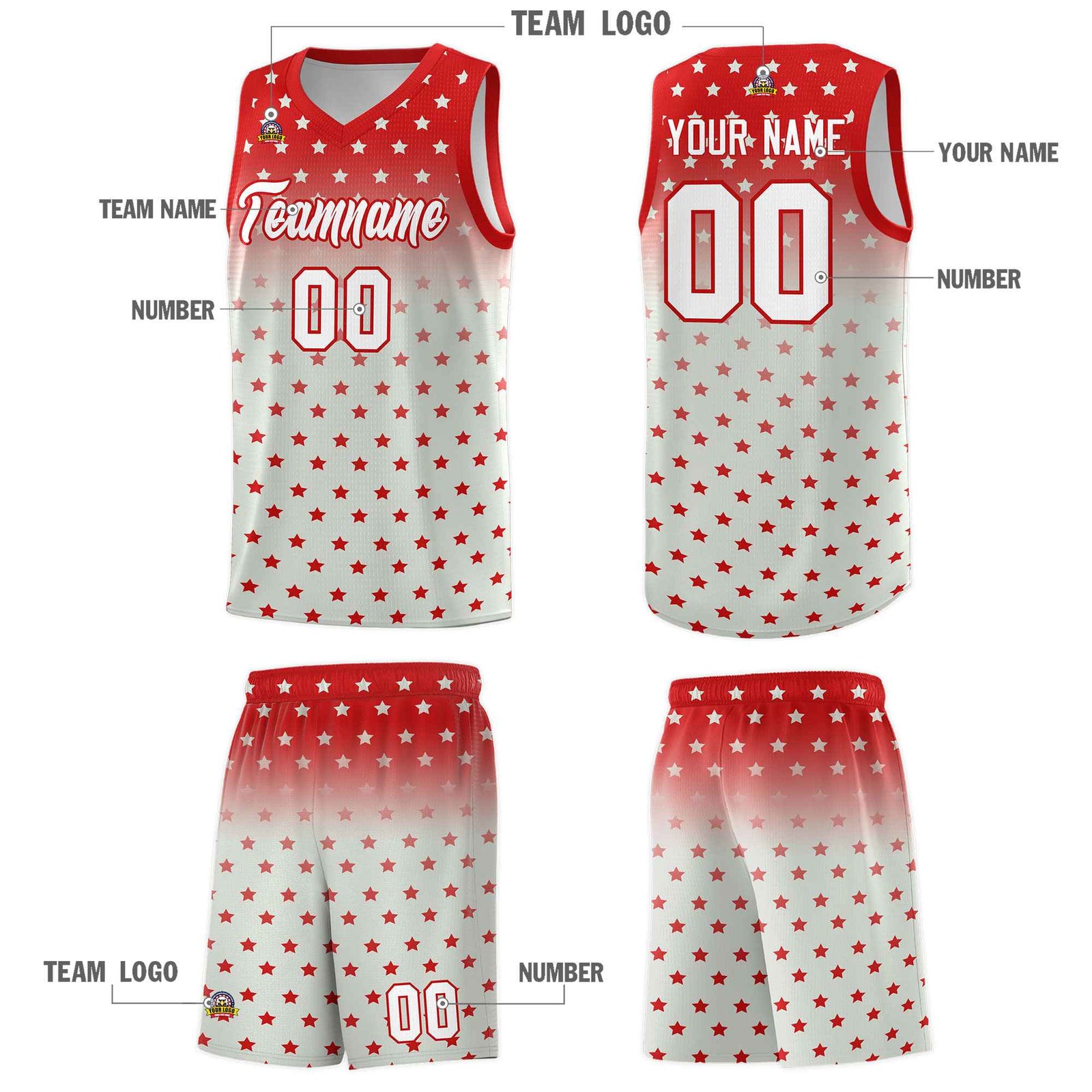 Custom Red Gray Gradient Start Pattern Basketball Jersey Sets