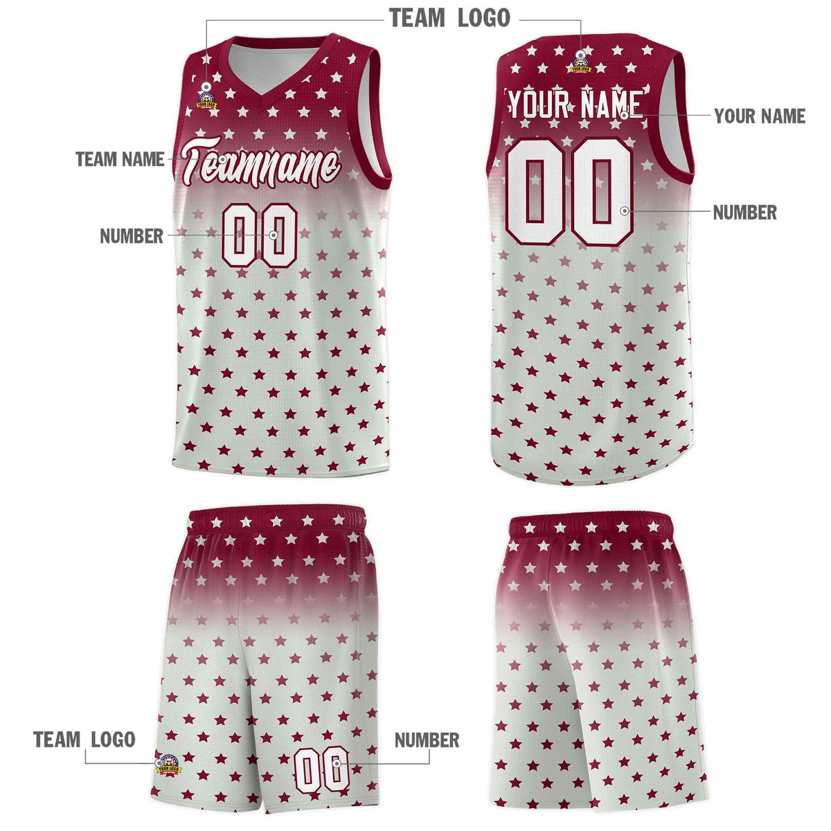 Custom Crimson Gray Gradient Start Pattern Basketball Jersey Sets