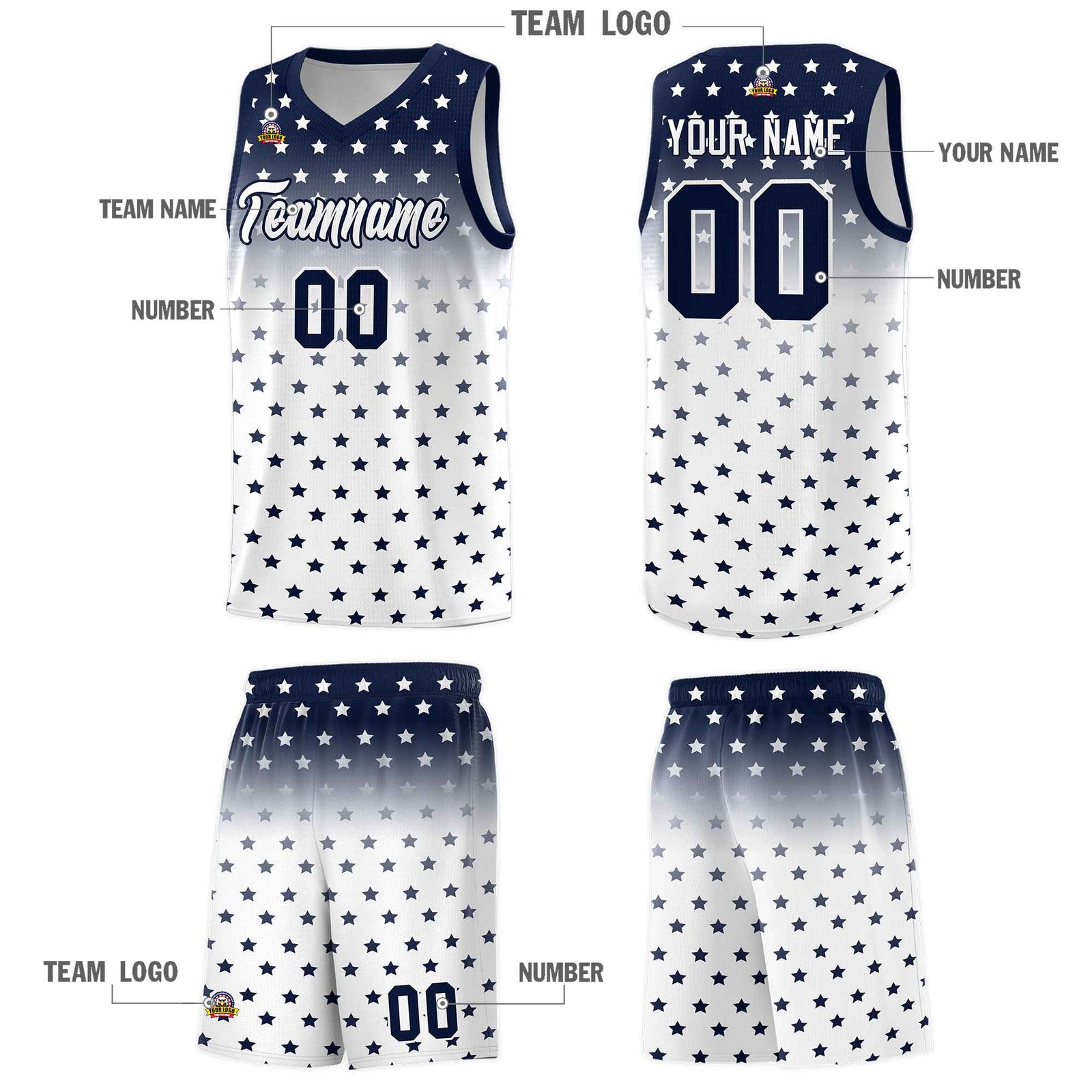 Custom Navy White Gradient Start Pattern Basketball Jersey Sets