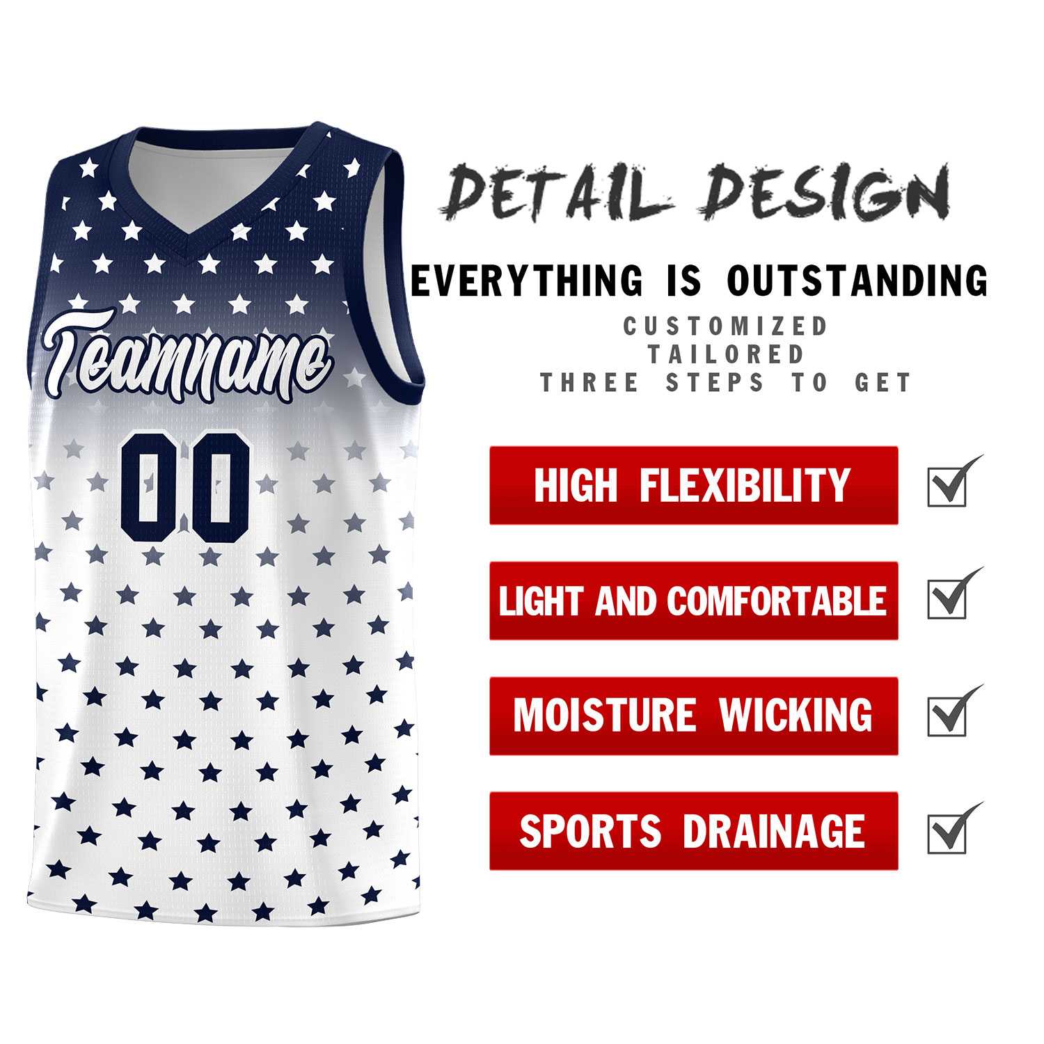 Custom Navy White Gradient Start Pattern Basketball Jersey Sets