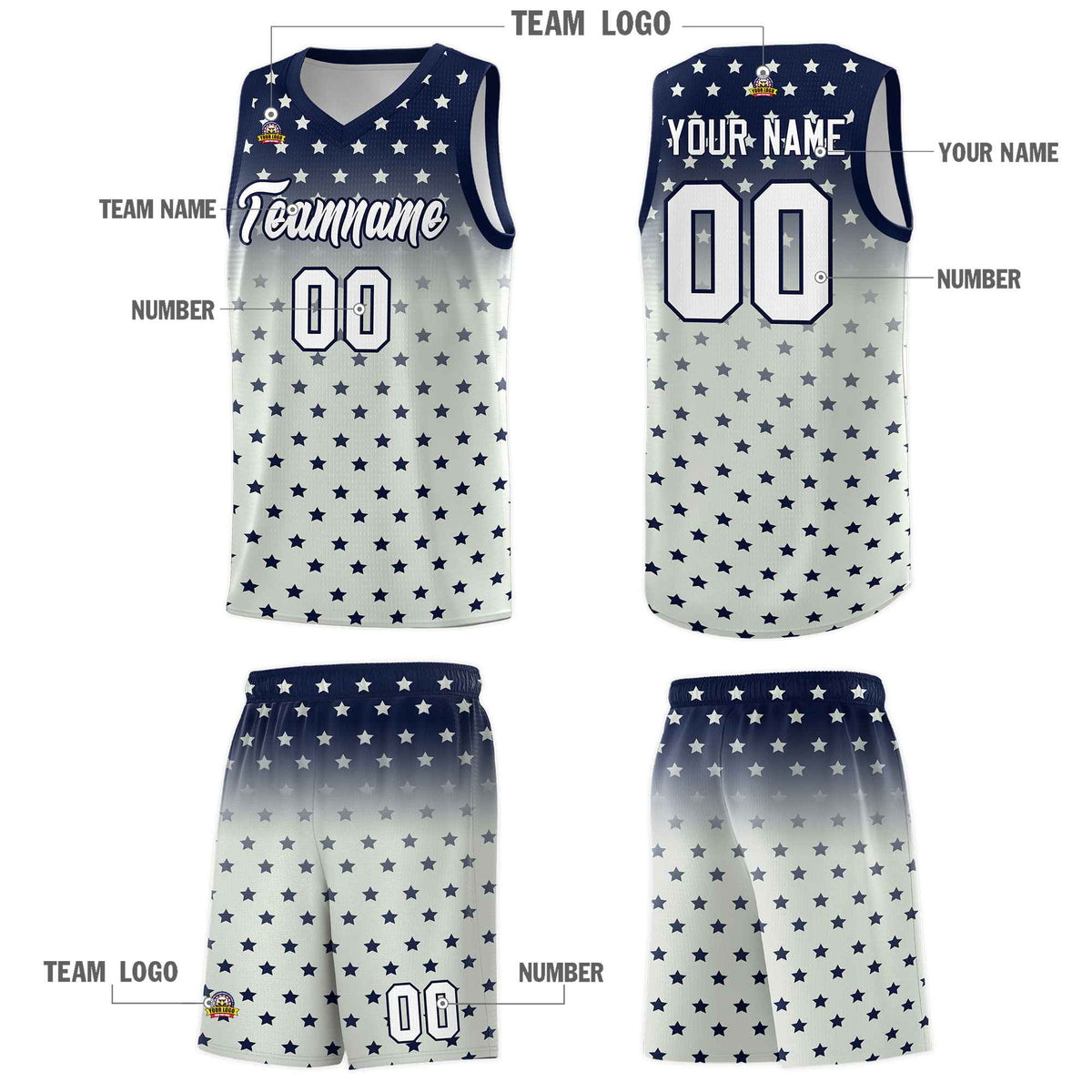 Custom Navy Gray Gradient Start Pattern Basketball Jersey Sets