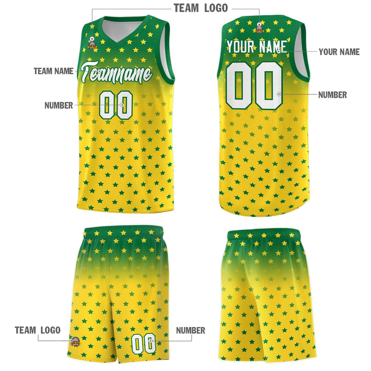 Custom Kelly Green Gold Gradient Start Pattern Basketball Jersey Sets
