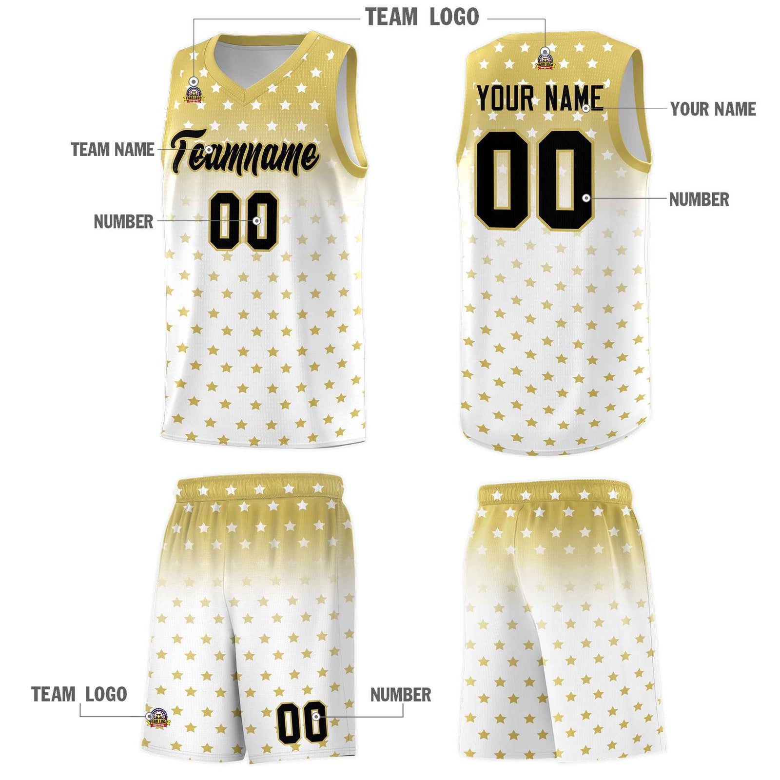 Custom Old Gold White Gradient Start Pattern Basketball Jersey Sets