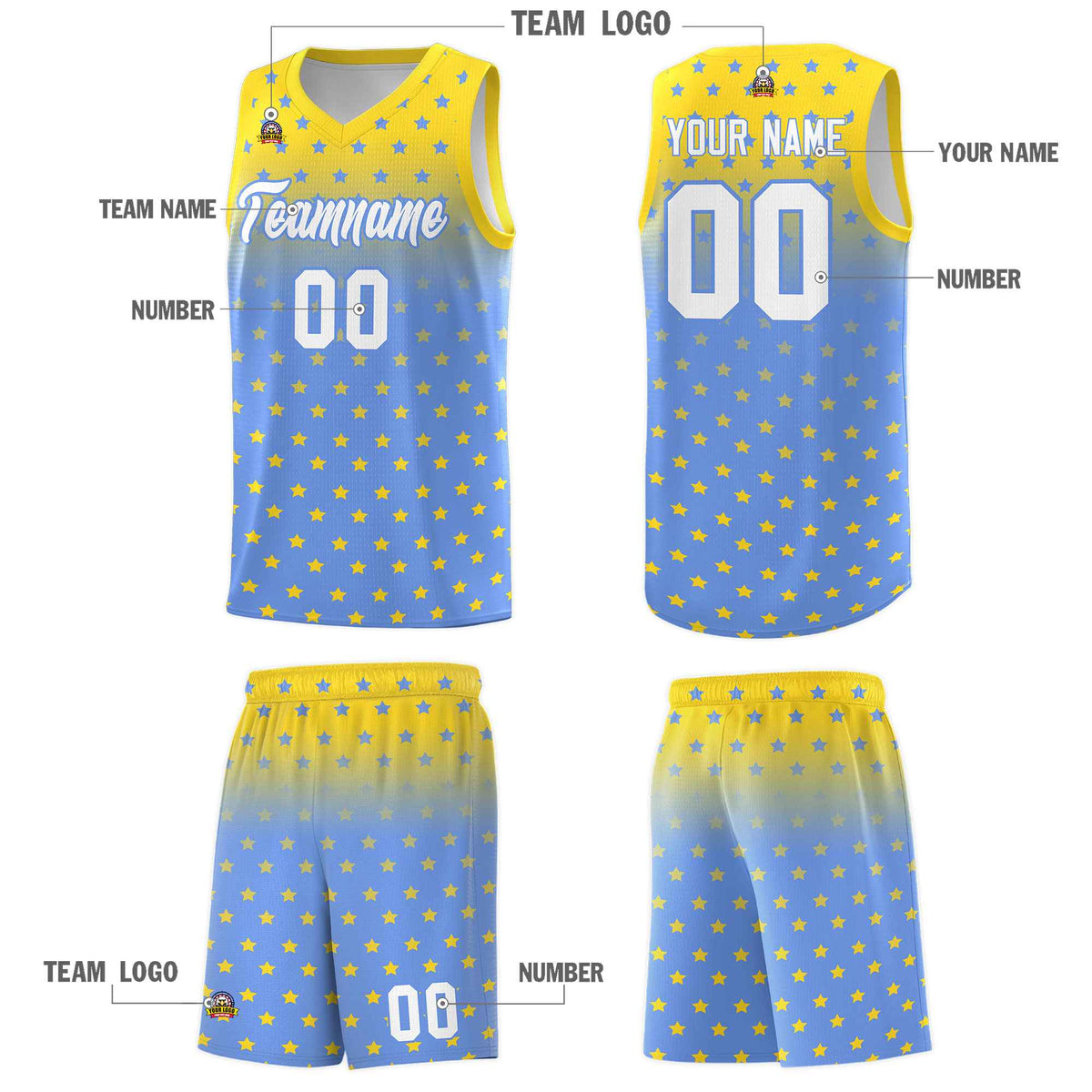 Custom Gold Light Blue Gradient Start Pattern Basketball Jersey Sets