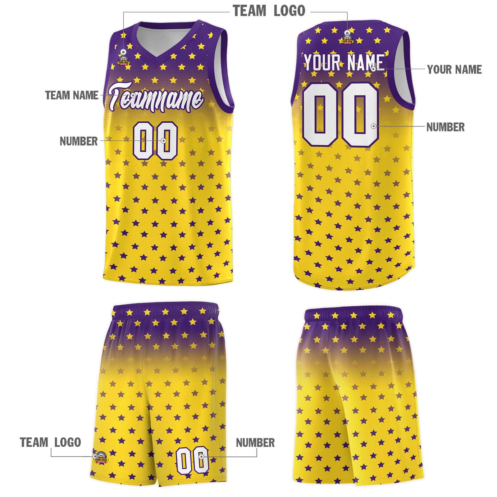 Custom Purple Gold Gradient Start Pattern Basketball Jersey Sets