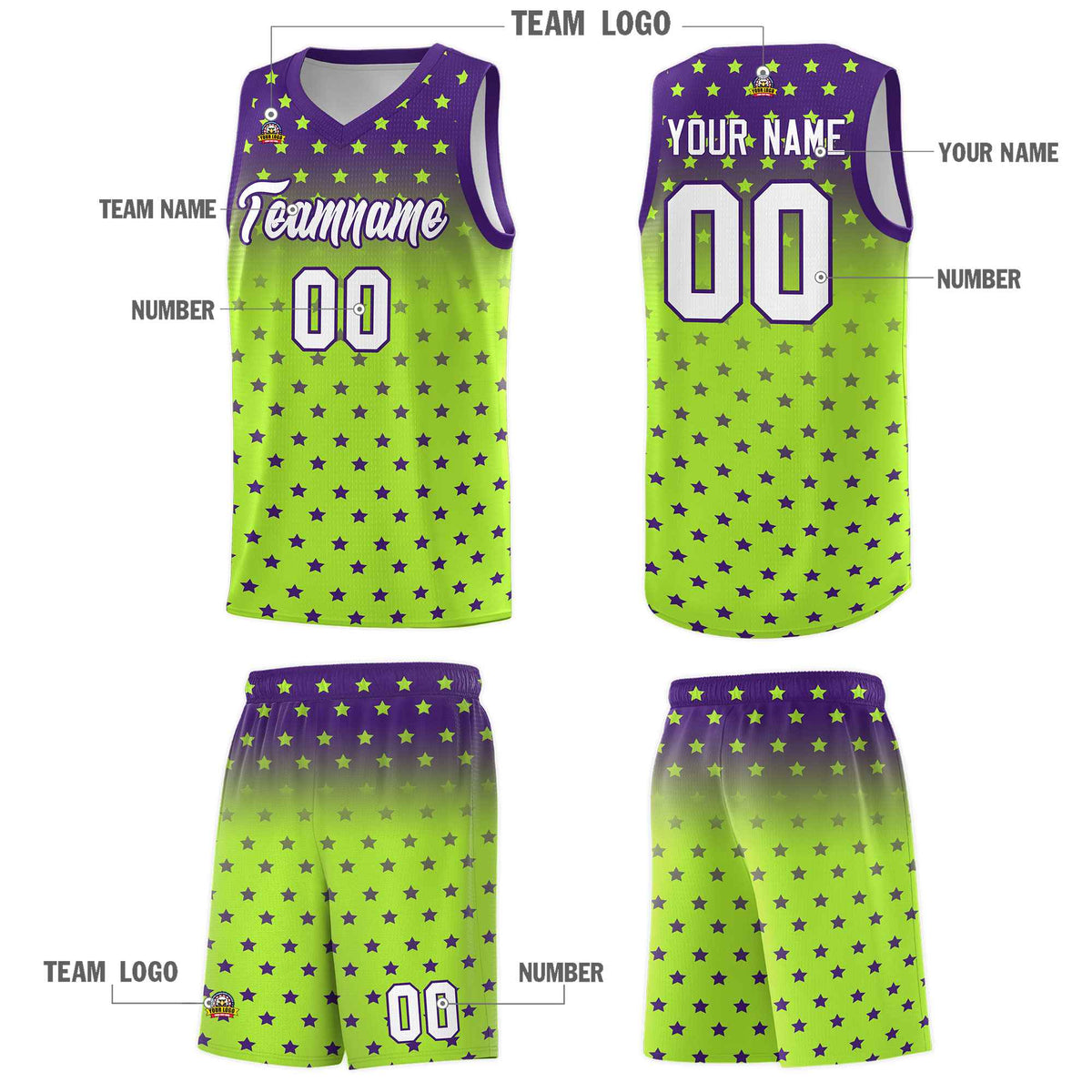 Custom Purple Light Green Gradient Start Pattern Basketball Jersey Sets