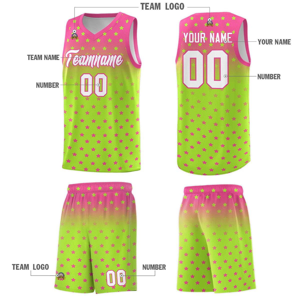 Custom Pink Light Green Gradient Start Pattern Basketball Jersey Sets