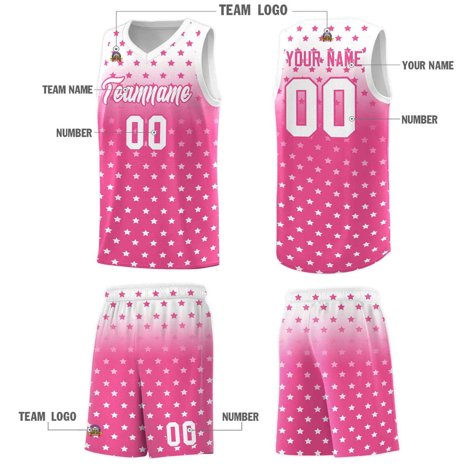 Custom White Pink Gradient Start Pattern Basketball Jersey Sets