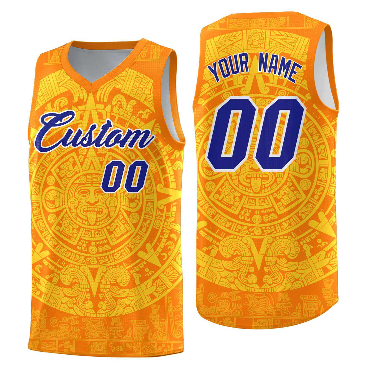 Custom Youth Basketball Jerseys Gold Aztec Sun Stone Design Team Uniform