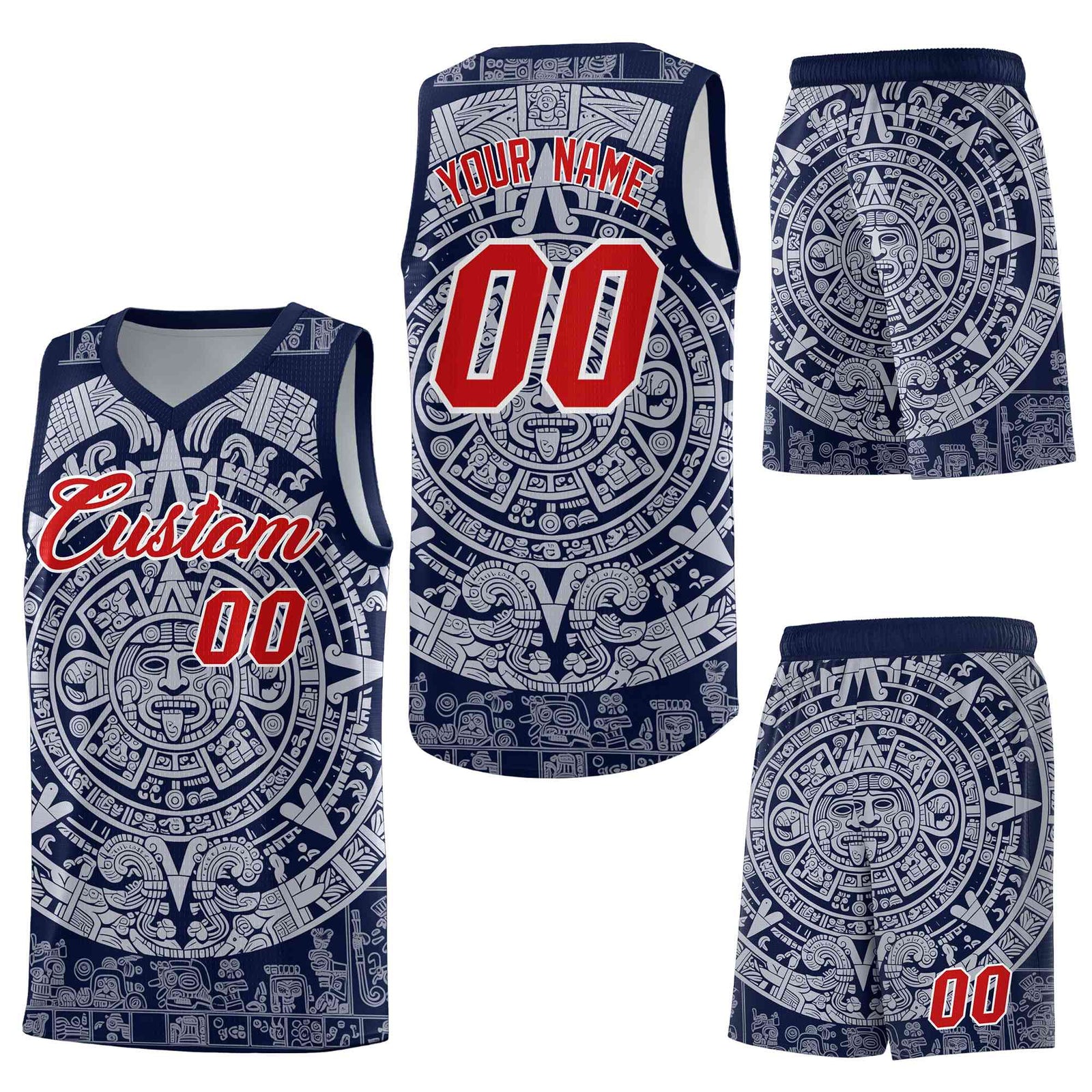 Custom Navy White Aztec Sun Stone Graffiti Pattern Breathable Uniform Basketball Jersey