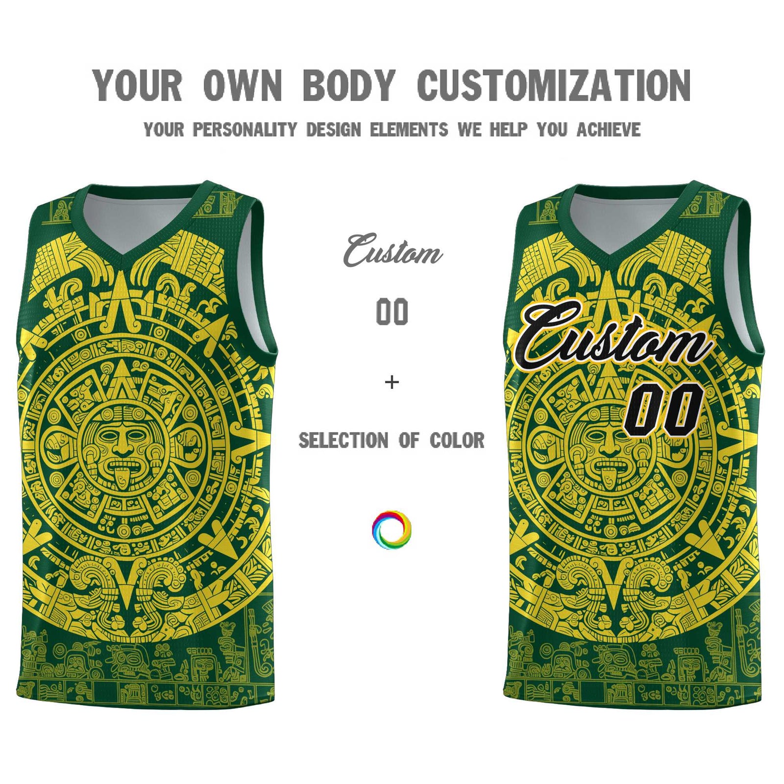 Custom Youth Basketball Jerseys Gold Aztec Sun Stone Personalized Uniform