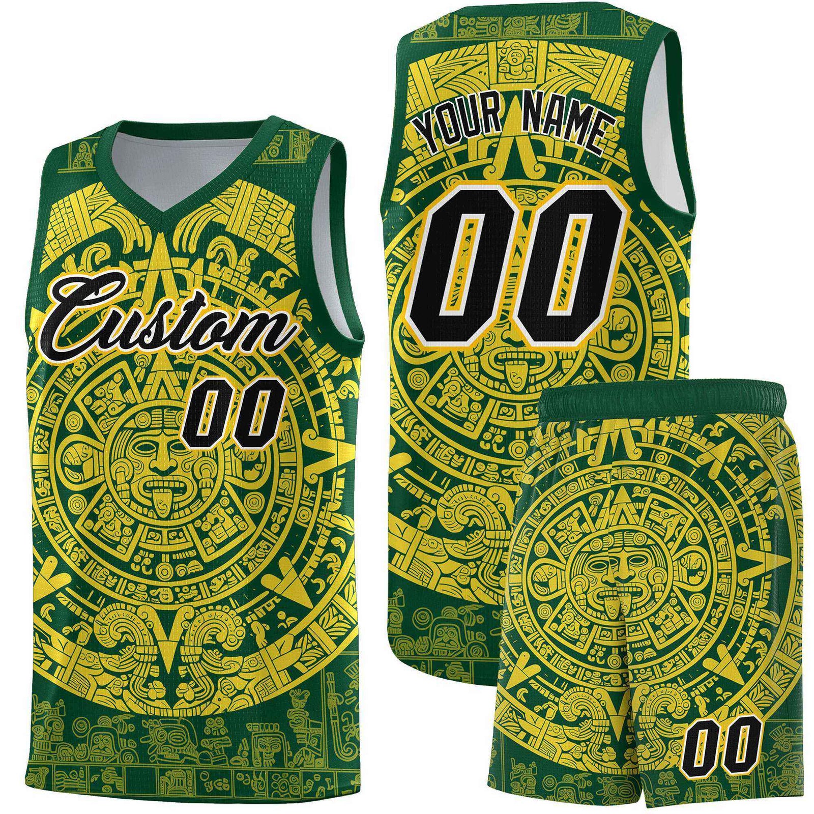Custom Youth Basketball Jerseys Gold Aztec Sun Stone Personalized Uniform