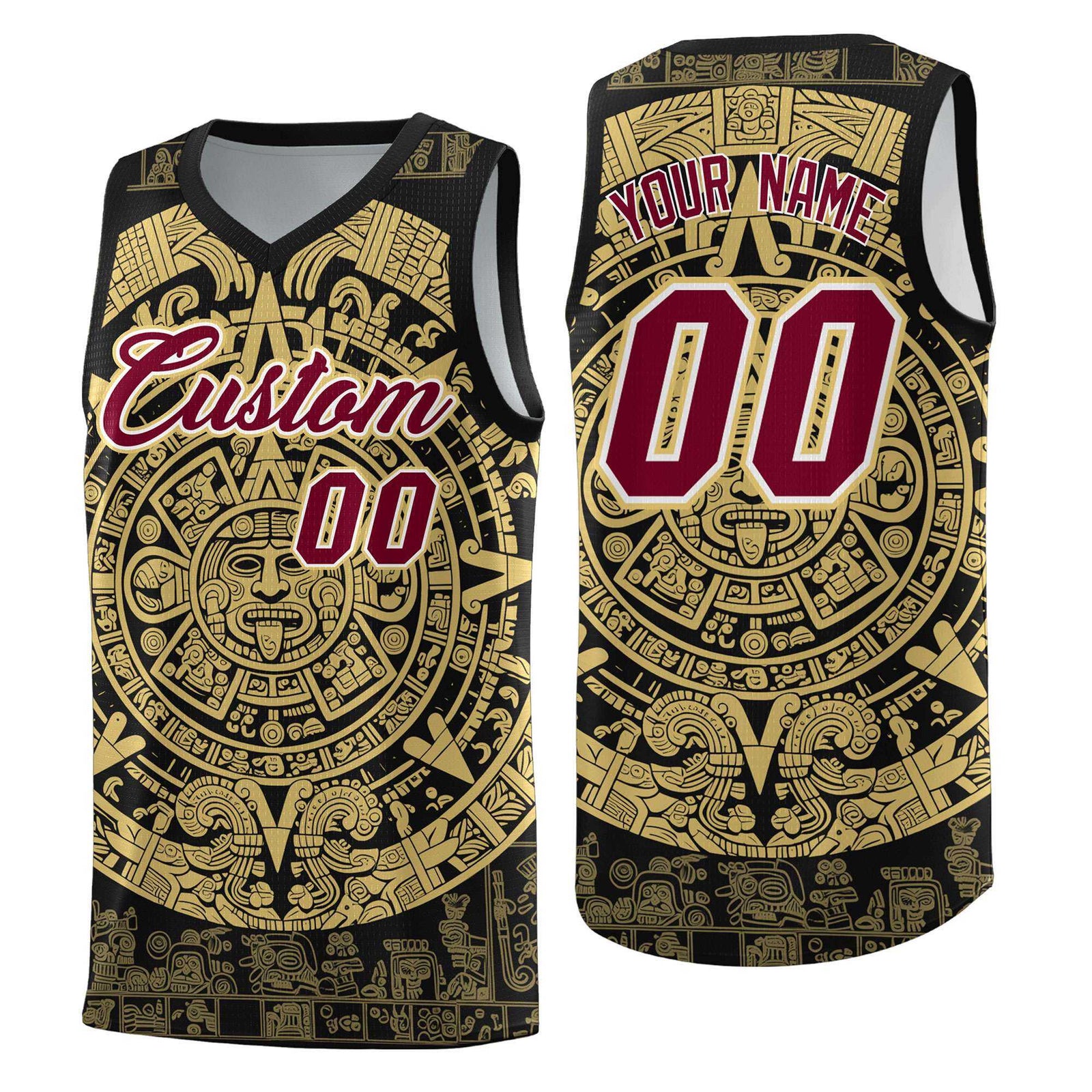 Custom Youth Basketball Jerseys Old Gold Aztec Sun Stone Pattern Custom Team Set