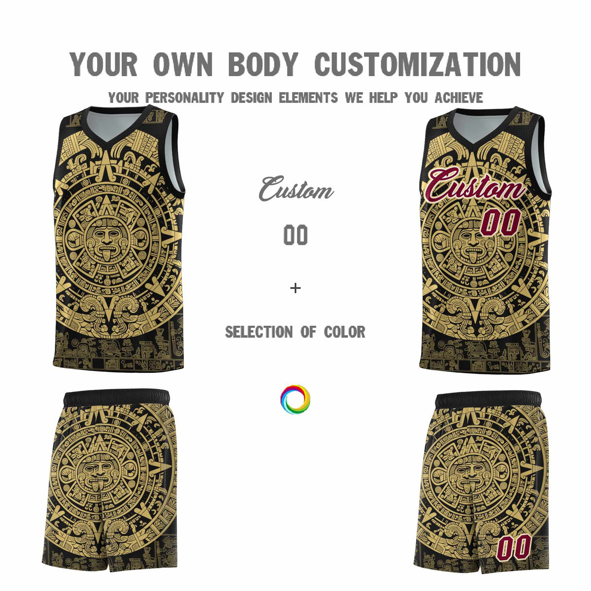 Custom Youth Basketball Jerseys Old Gold Aztec Sun Stone Pattern Custom Team Set