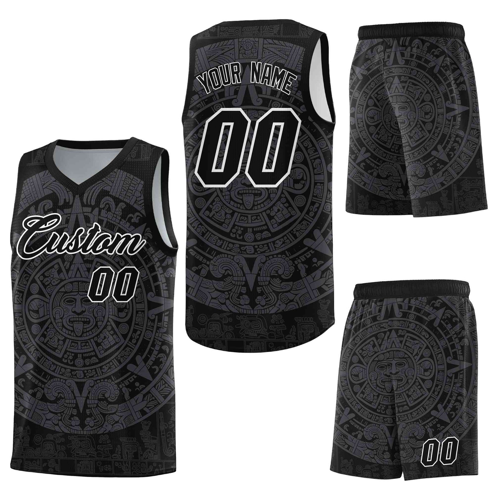 Custom Black Gray Aztec Sun Stone Graffiti Pattern Wrinkle-Resistant Uniform Basketball Jersey