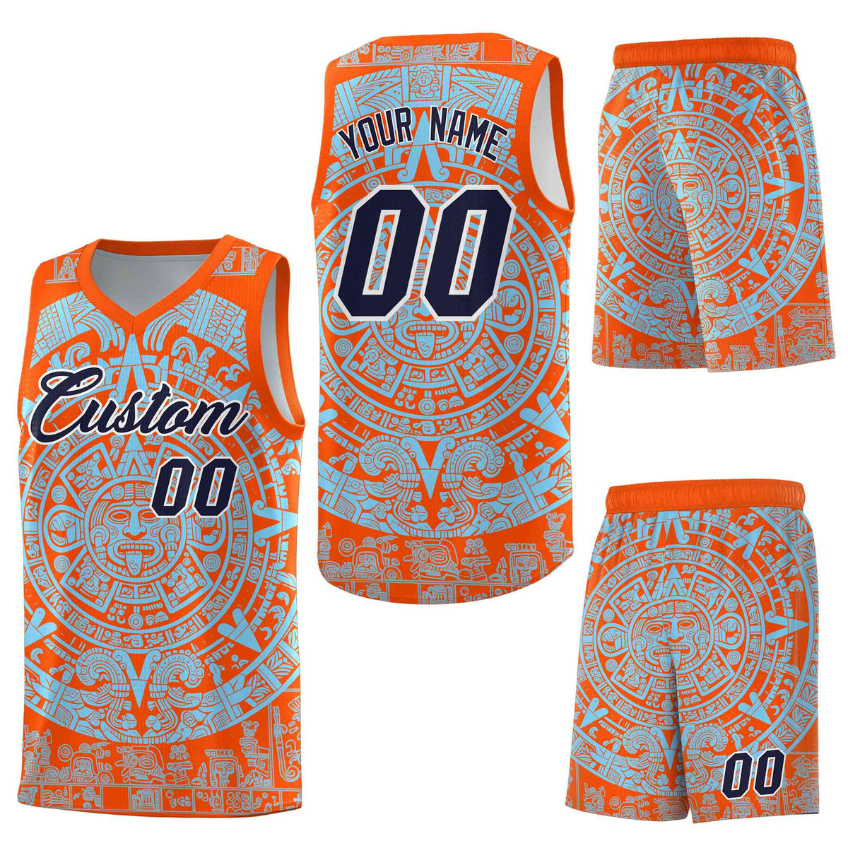 Custom Orange Light Blue Aztec Sun Stone Graffiti Pattern Quick-Drying Uniform Basketball Jersey