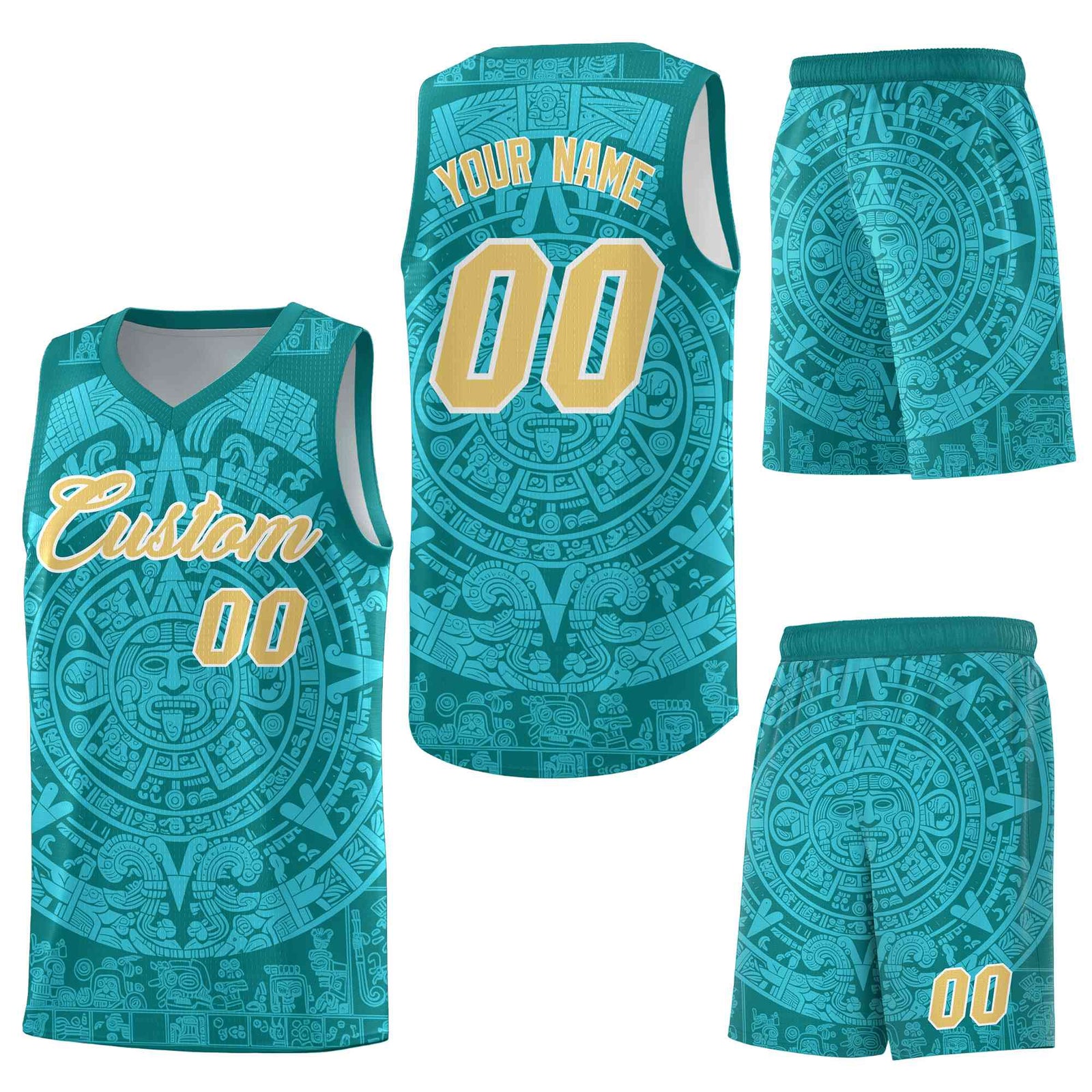 Custom Teal Aqua Aztec Sun Stone Graffiti Pattern Lightweight Uniform Basketball Jersey