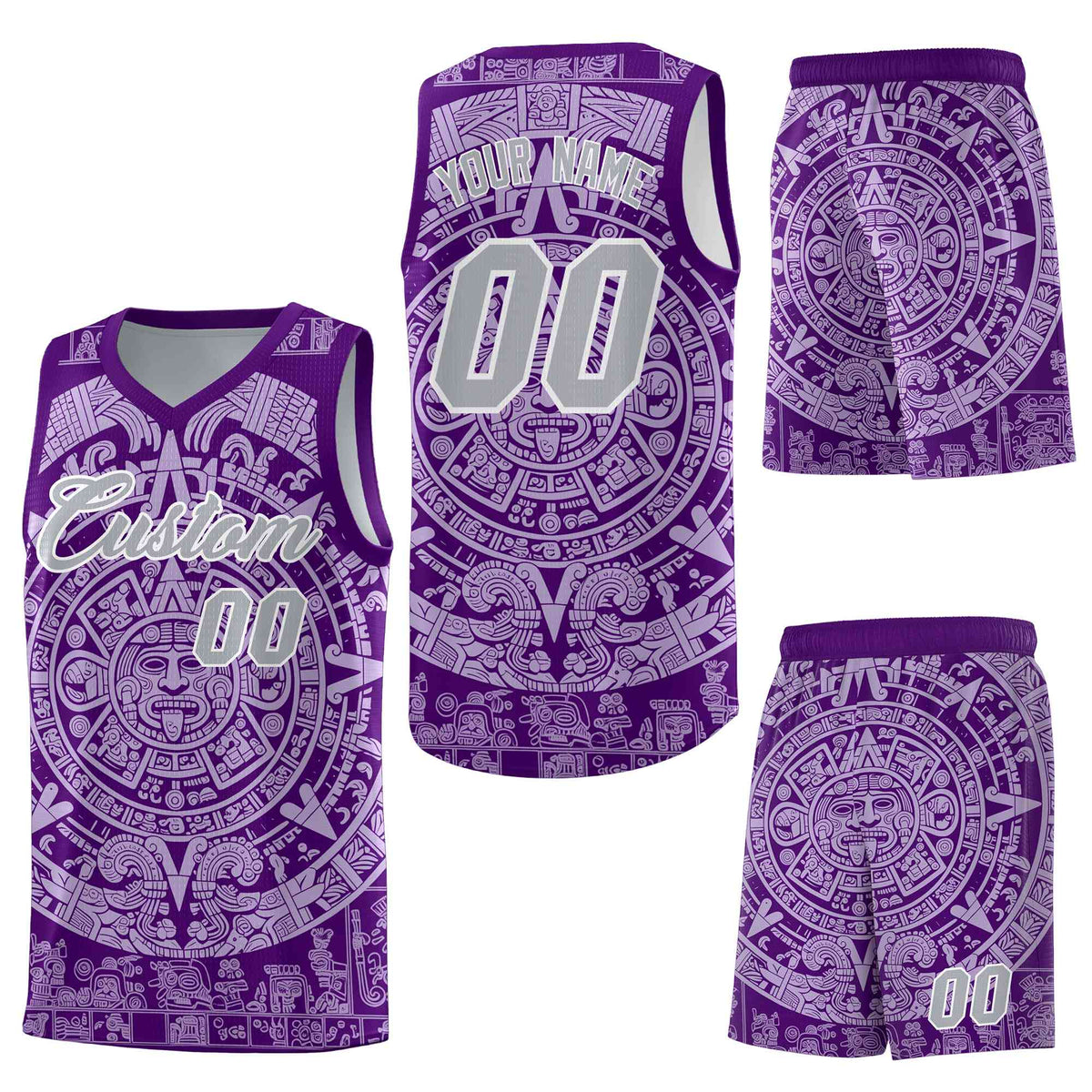 Custom Purple Light Purple Aztec Sun Stone Graffiti Pattern Wrinkle-Resistant Uniform Basketball Jersey