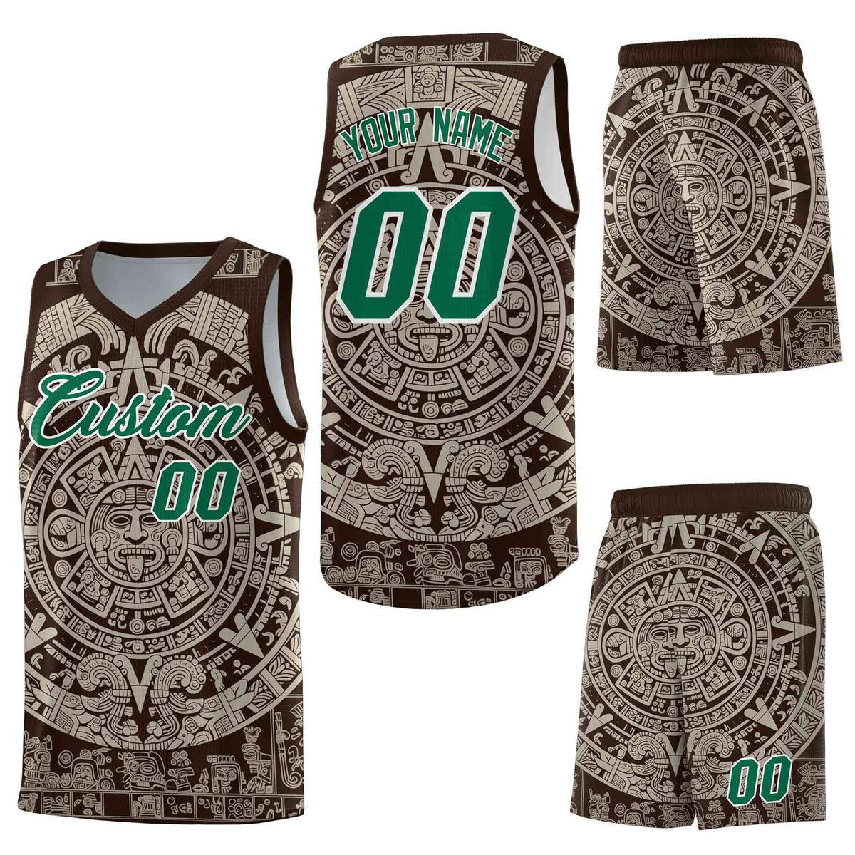 Custom Brown Light Khaki Aztec Sun Stone Graffiti Pattern Drapable Uniform Basketball Jersey