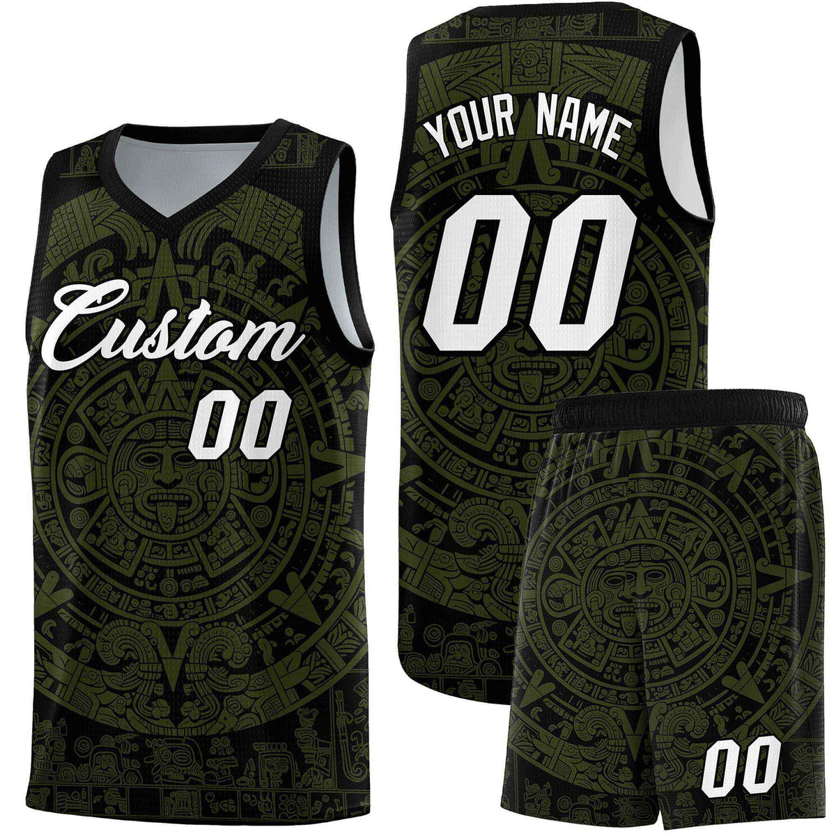 Custom Youth Basketball Jerseys Olive Aztec Sun Stone Pattern Custom Team Set