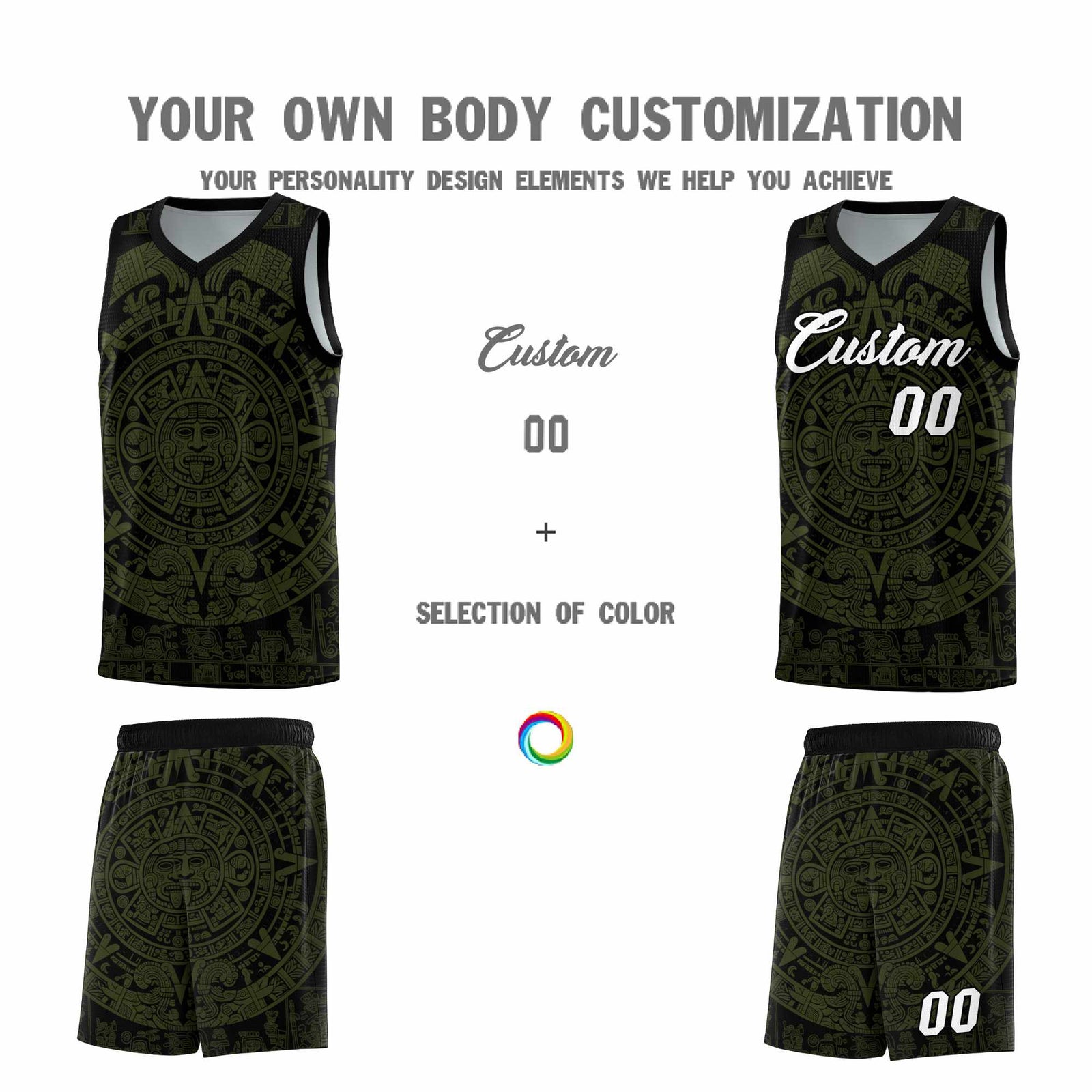 Custom Youth Basketball Jerseys Olive Aztec Sun Stone Pattern Custom Team Set