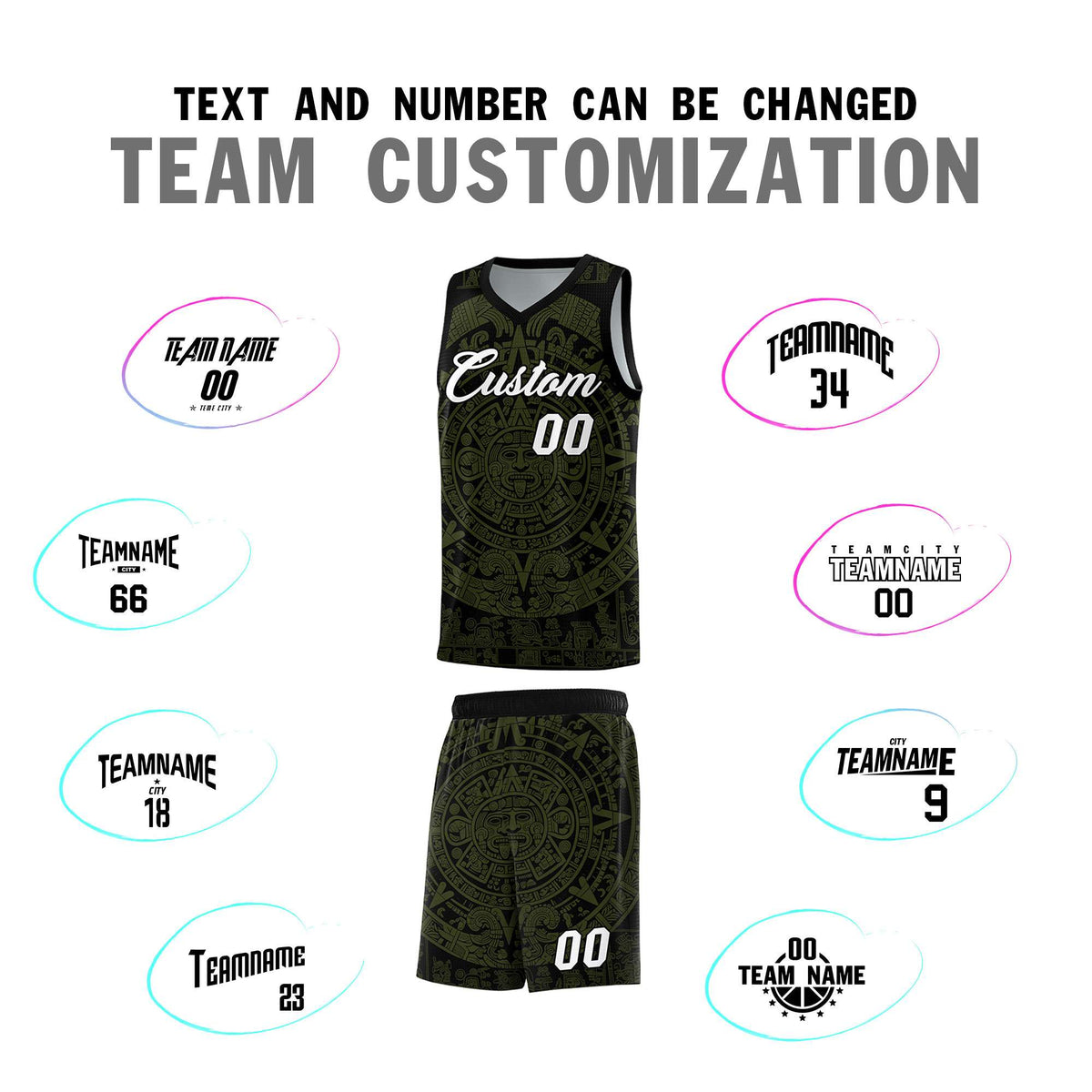 Custom Youth Basketball Jerseys Olive Aztec Sun Stone Pattern Custom Team Set