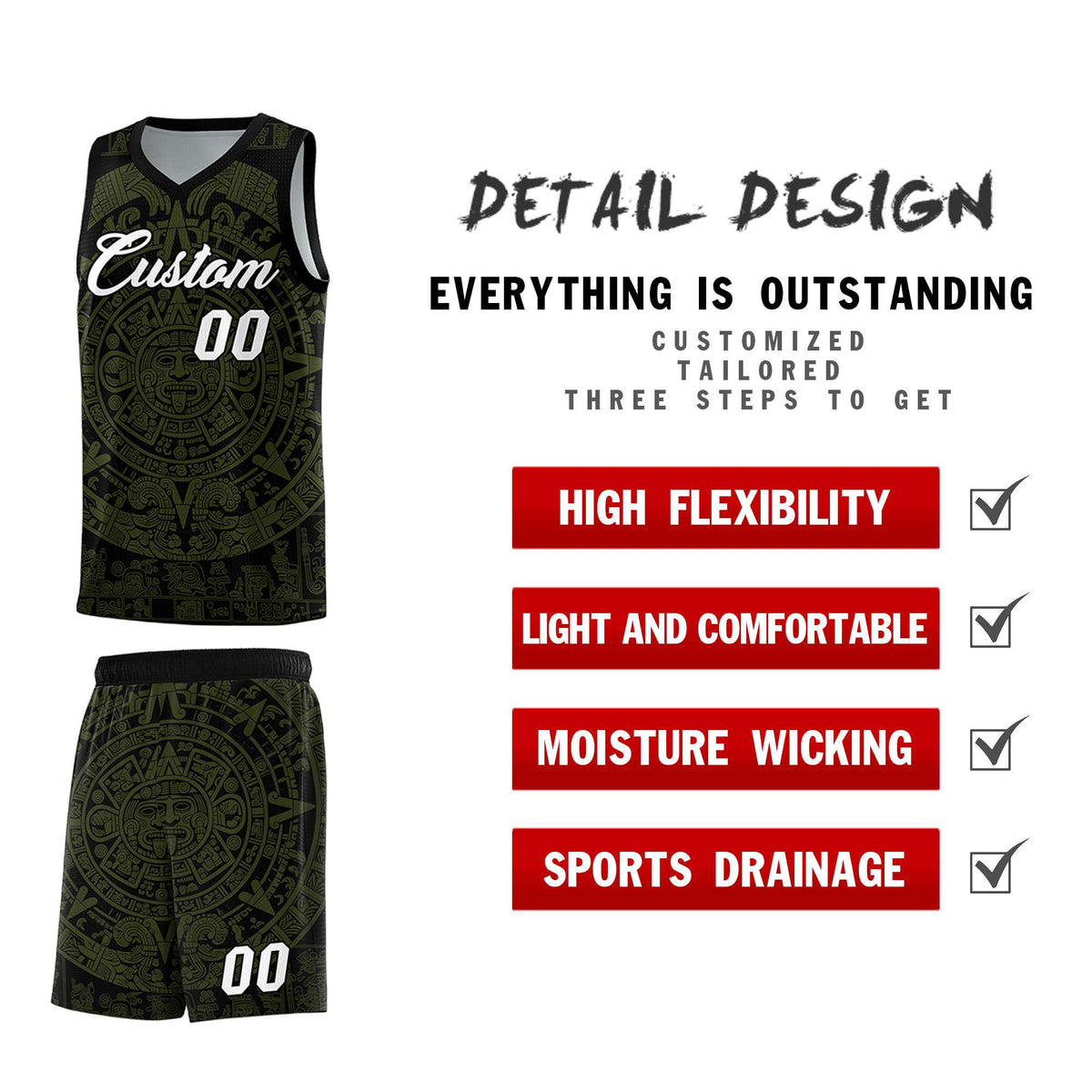 Custom Youth Basketball Jerseys Olive Aztec Sun Stone Pattern Custom Team Set