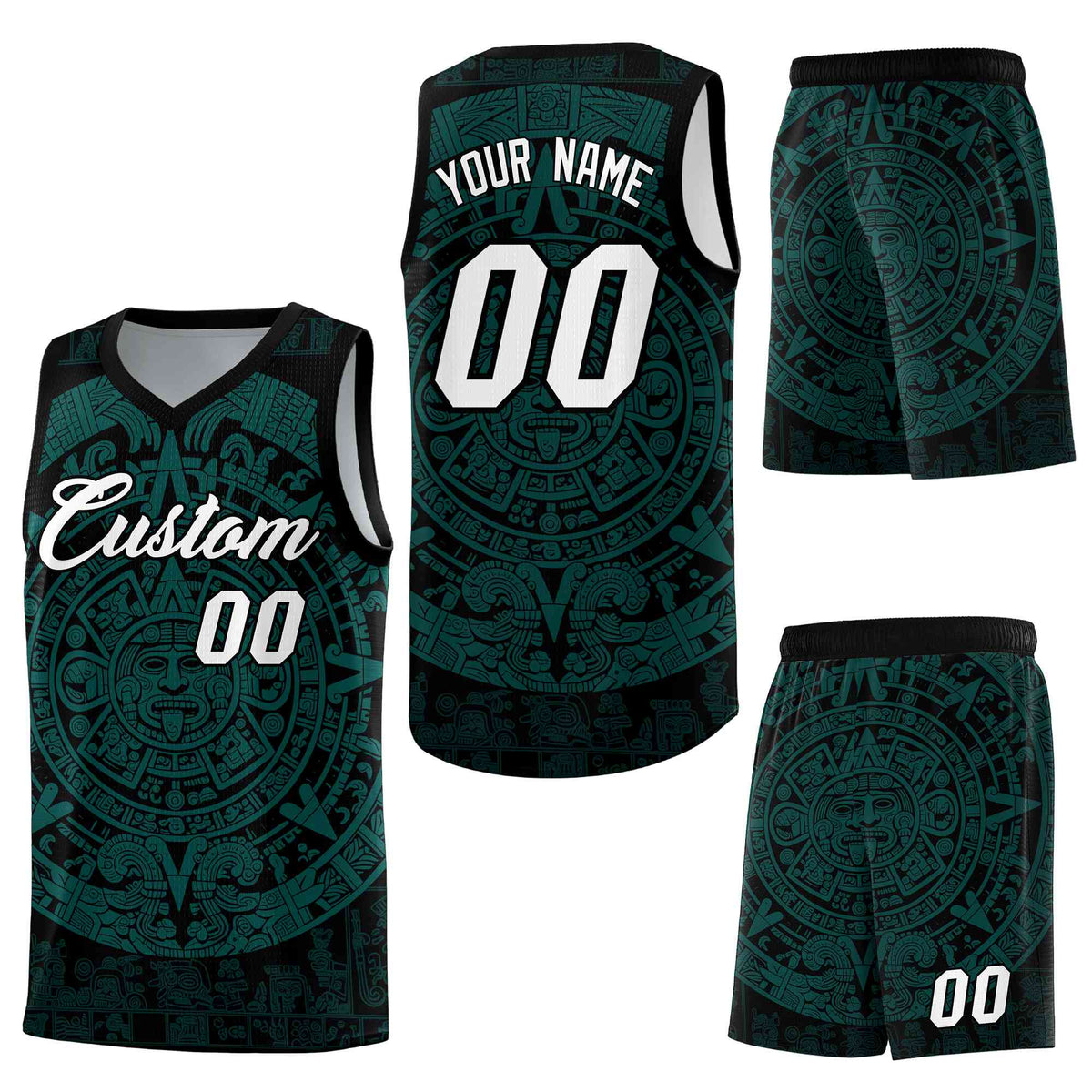 Custom Black Teal Aztec Sun Stone Graffiti Pattern Lightweight Uniform Basketball Jersey