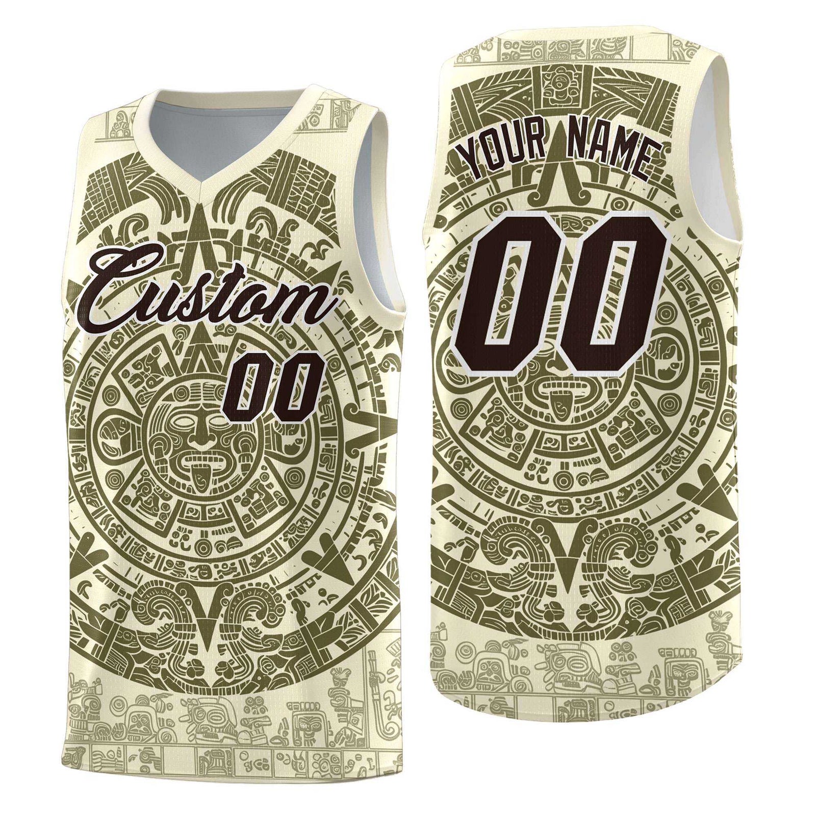 Custom Youth Basketball Jerseys Olive Aztec Sun Stone Personalized Uniform