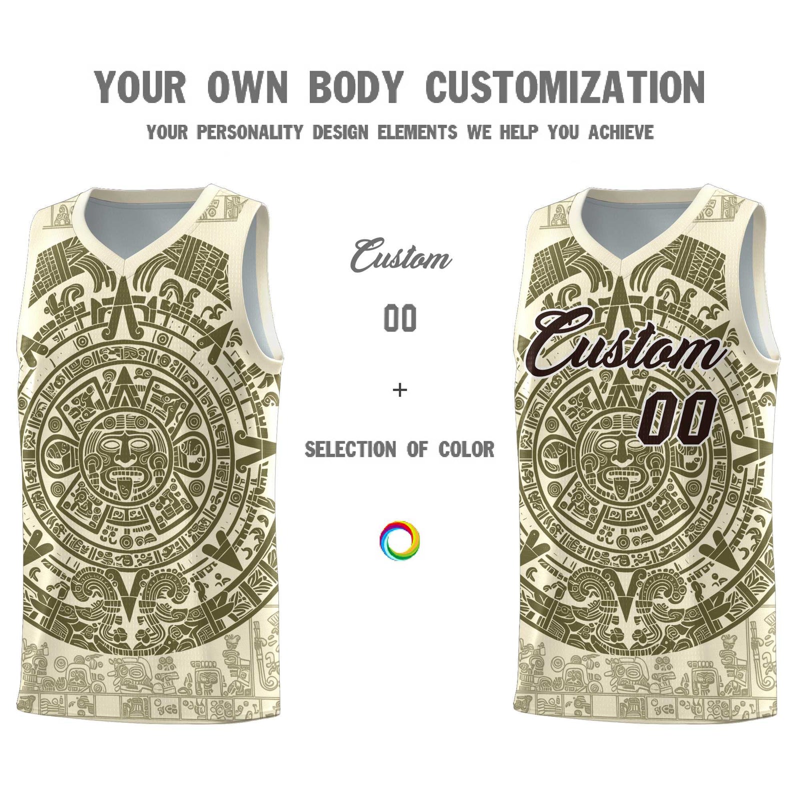 Custom Youth Basketball Jerseys Olive Aztec Sun Stone Personalized Uniform