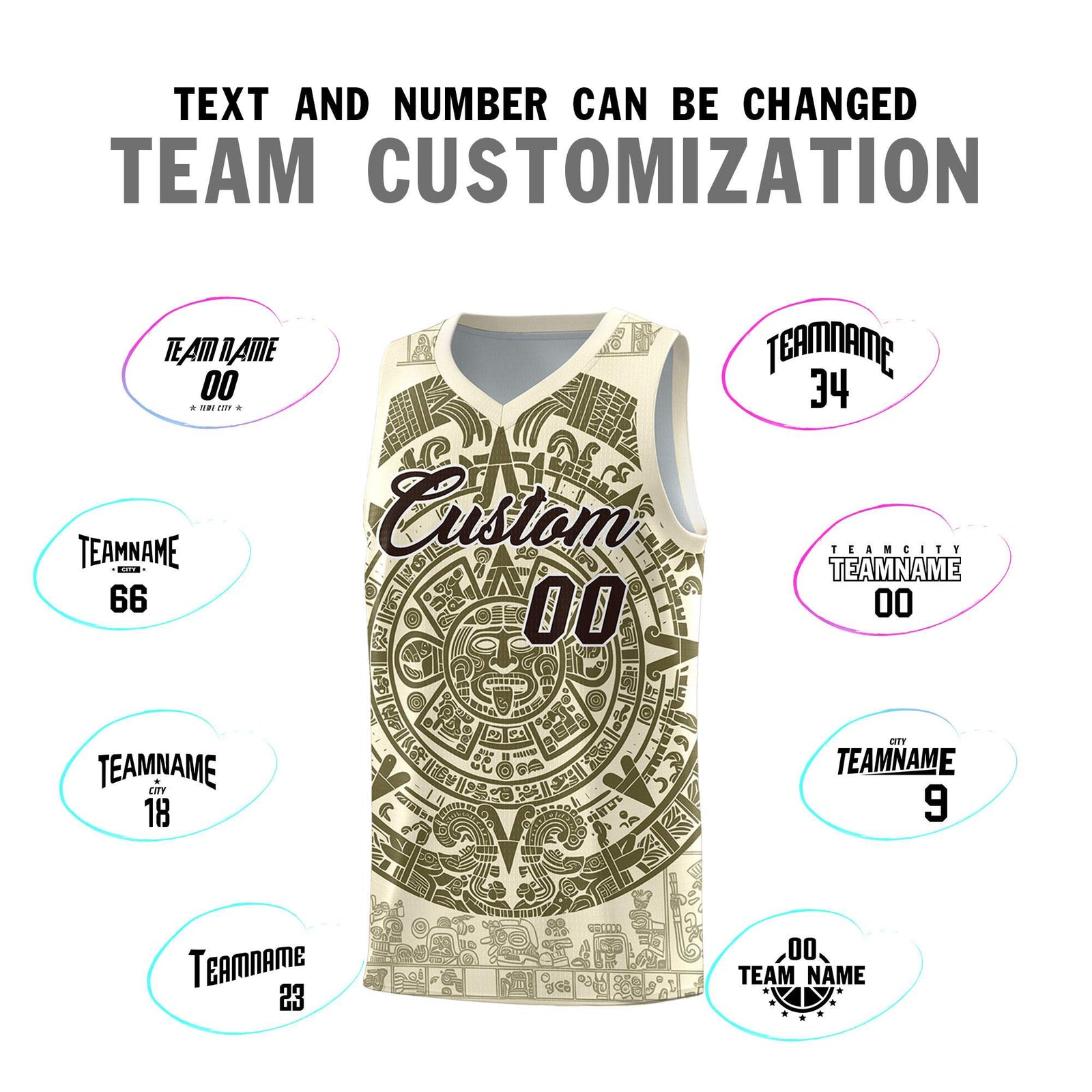 Custom Youth Basketball Jerseys Olive Aztec Sun Stone Personalized Uniform