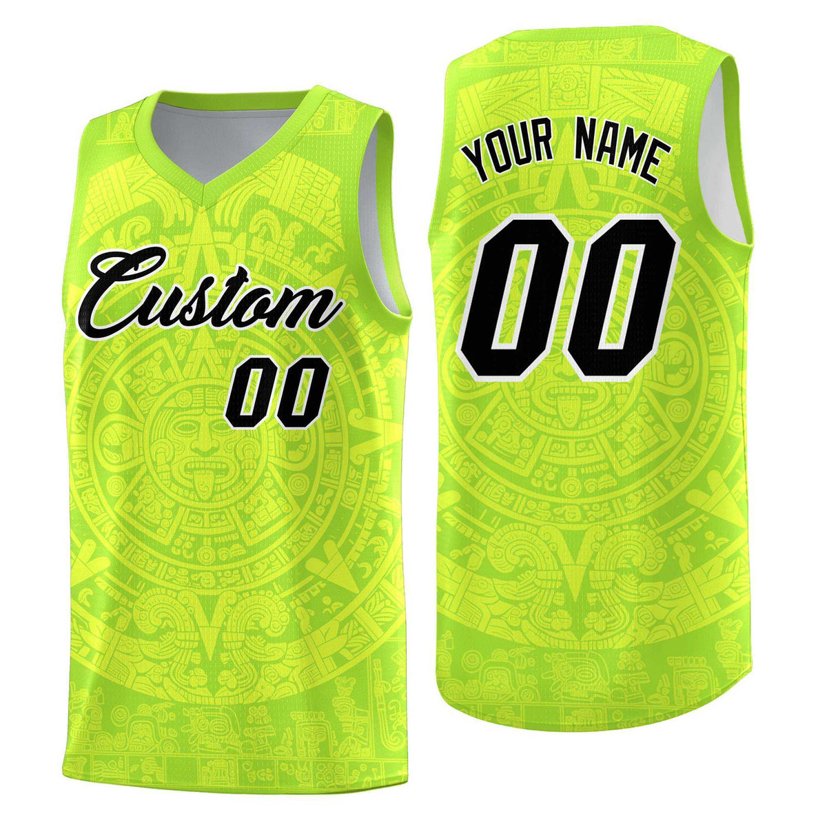 Custom Youth Basketball Jerseys Fluorescent Green Aztec Sun Stone Personalized Uniform