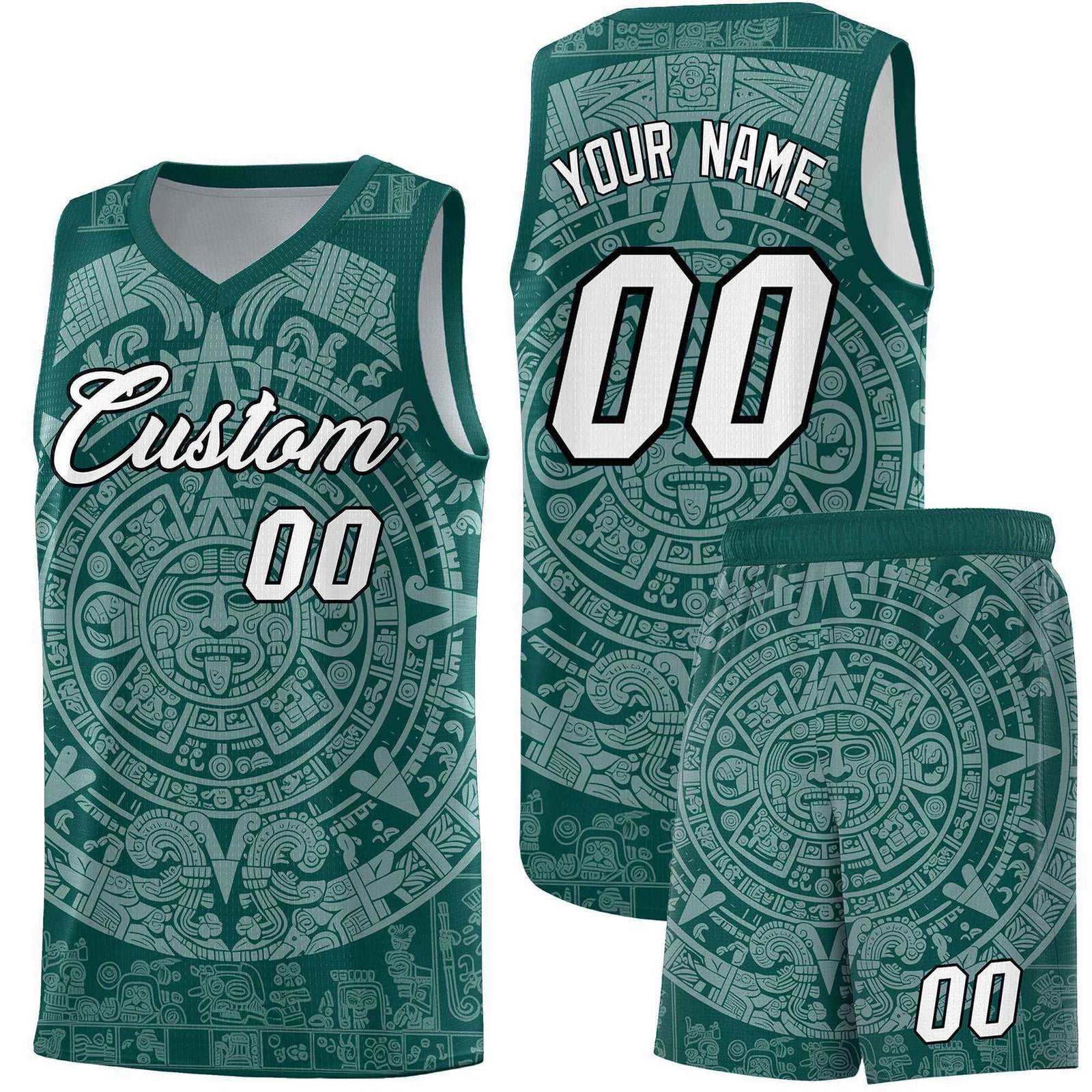 Custom Youth Basketball Jerseys White Aztec Sun Stone Design Team Uniform