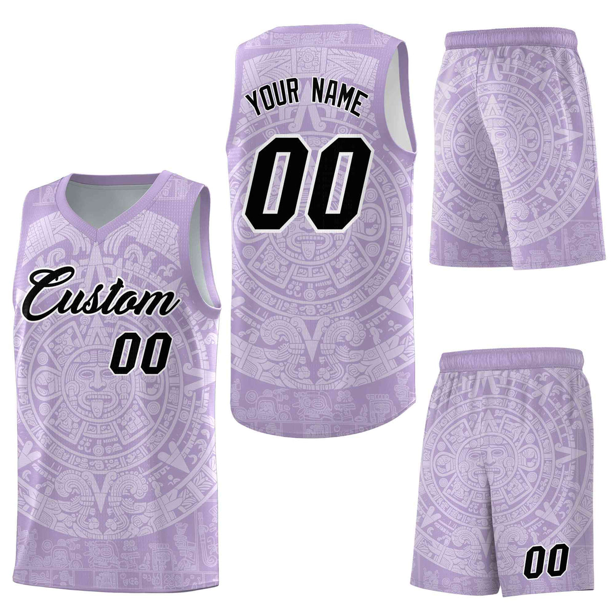 Custom Light Purple White Aztec Sun Stone Graffiti Pattern Drapable Uniform Basketball Jersey