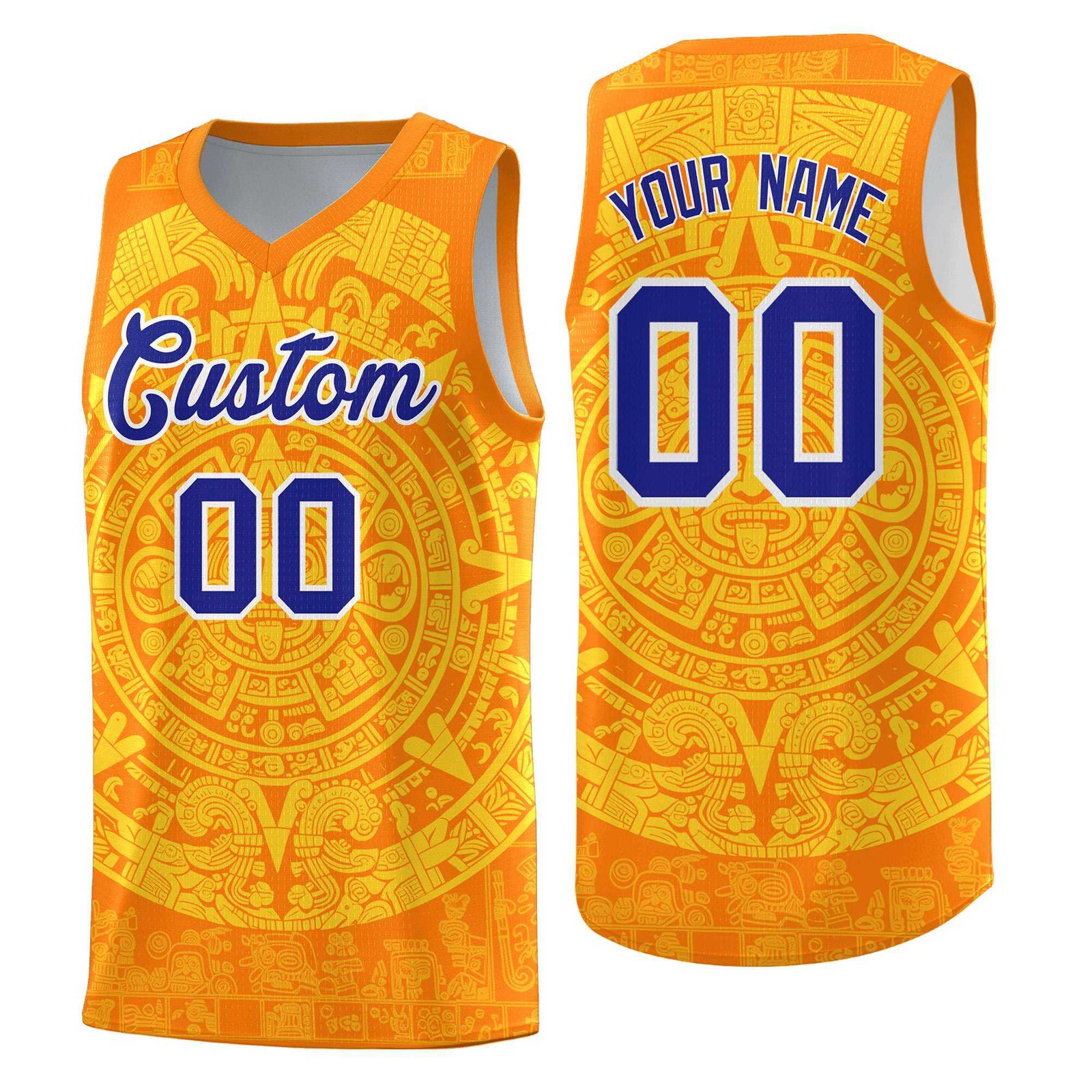 Custom Youth Basketball Jerseys Gold Aztec Sun Stone Design Team Uniform