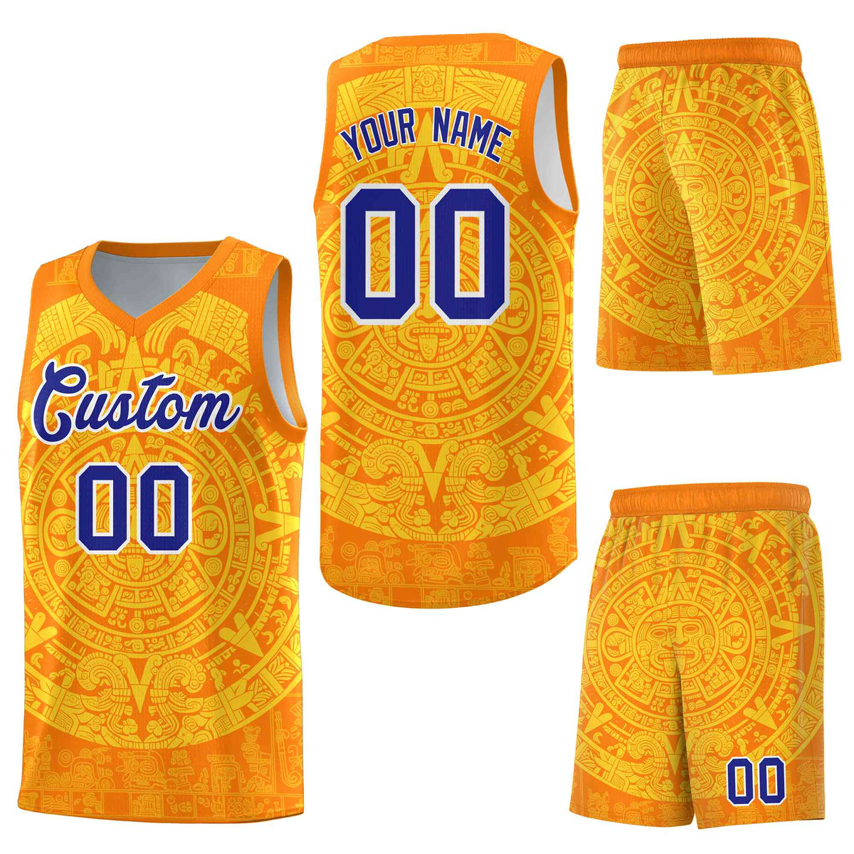 Custom Orange Gold Aztec Sun Stone Graffiti Pattern Lightweight Uniform Basketball Jersey