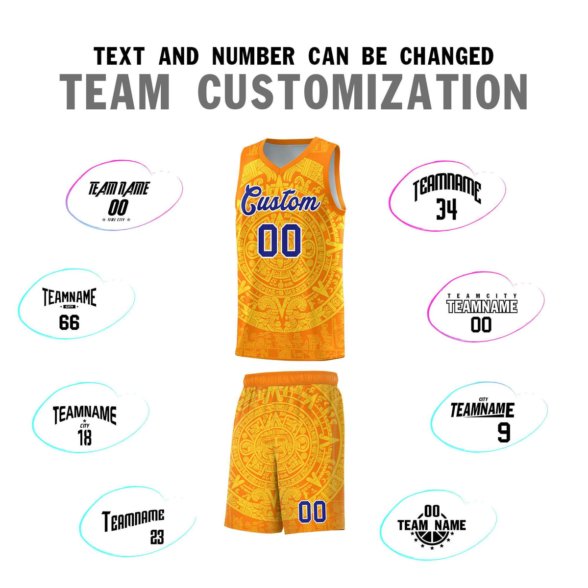 Custom Youth Basketball Jerseys Gold Aztec Sun Stone Design Team Uniform