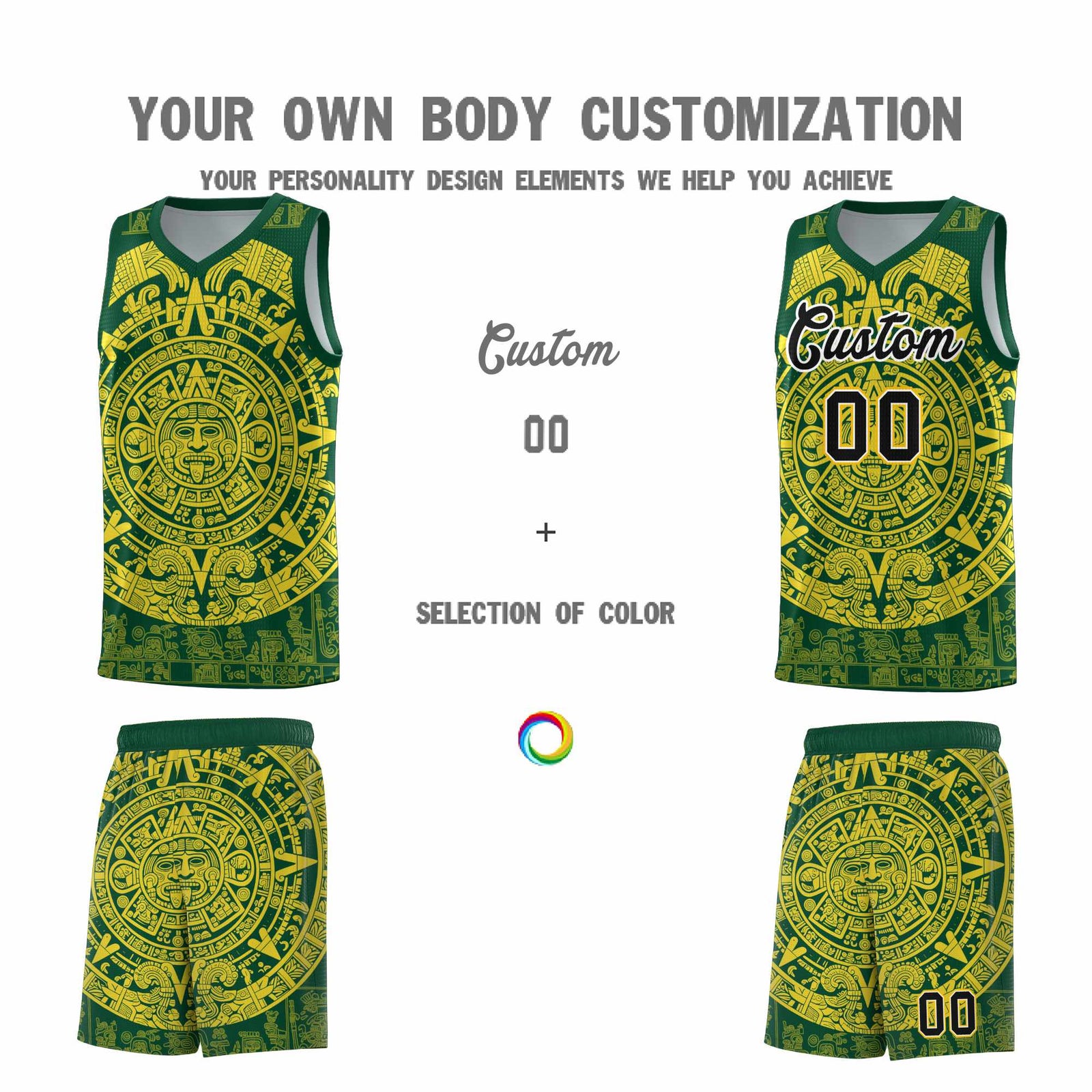 Custom Youth Basketball Jerseys Gold Aztec Sun Stone Personalized Uniform