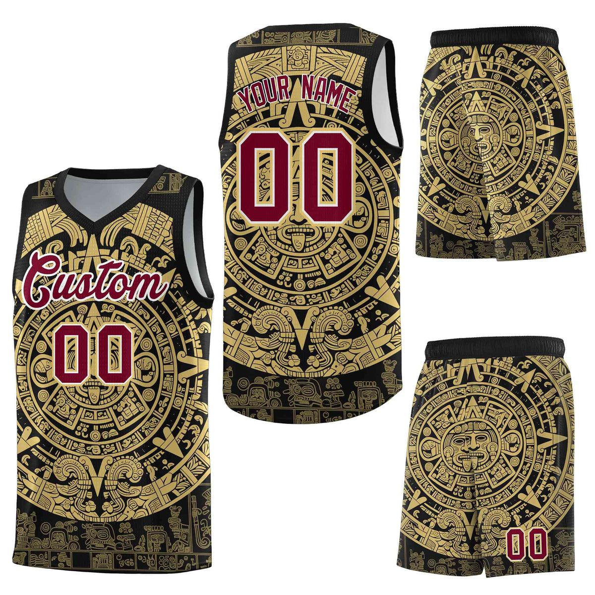 Custom Black Old Gold Aztec Sun Stone Graffiti Pattern Lightweight Uniform Basketball Jersey