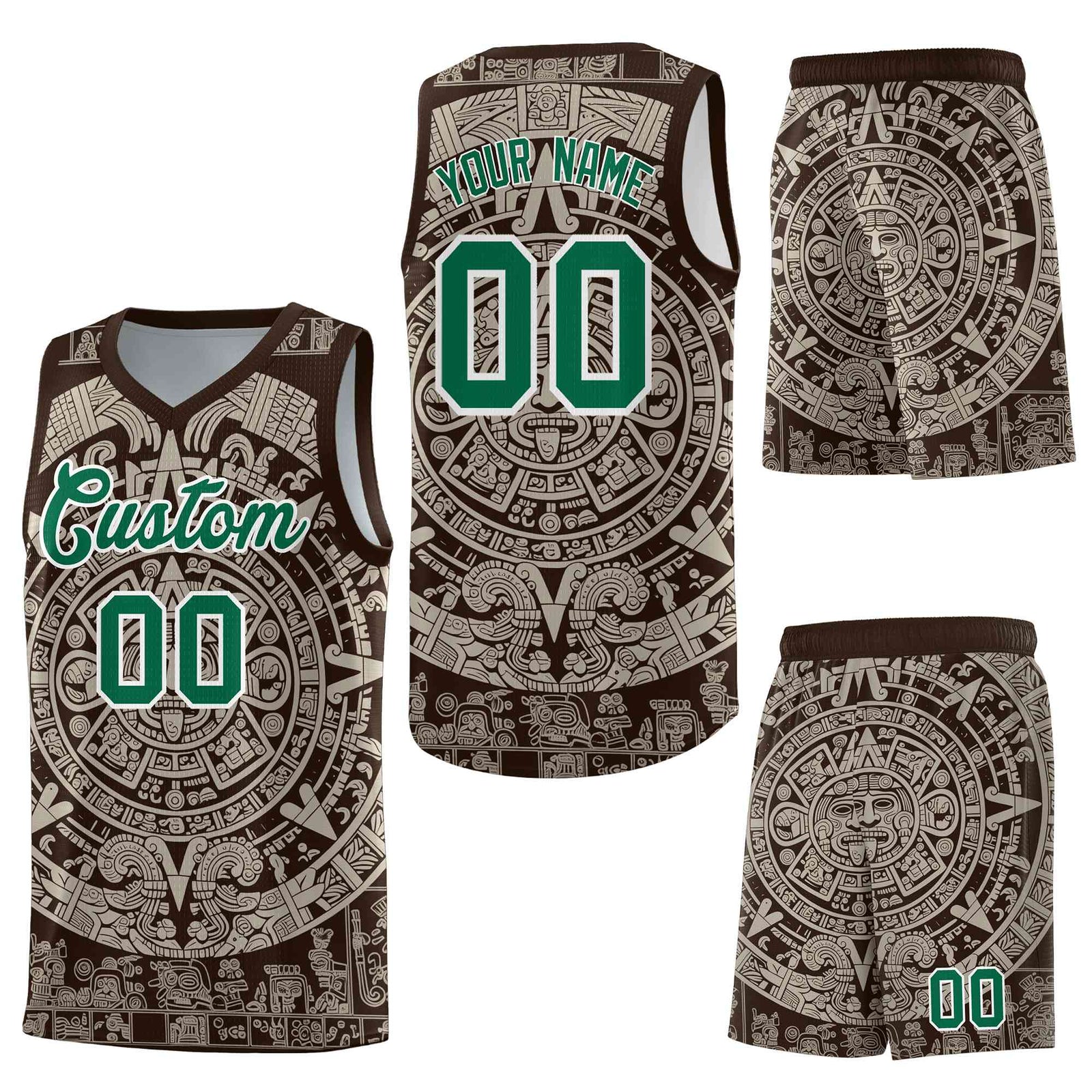 Custom Brown Light Khaki Aztec Sun Stone Graffiti Pattern Drapable Uniform Basketball Jersey