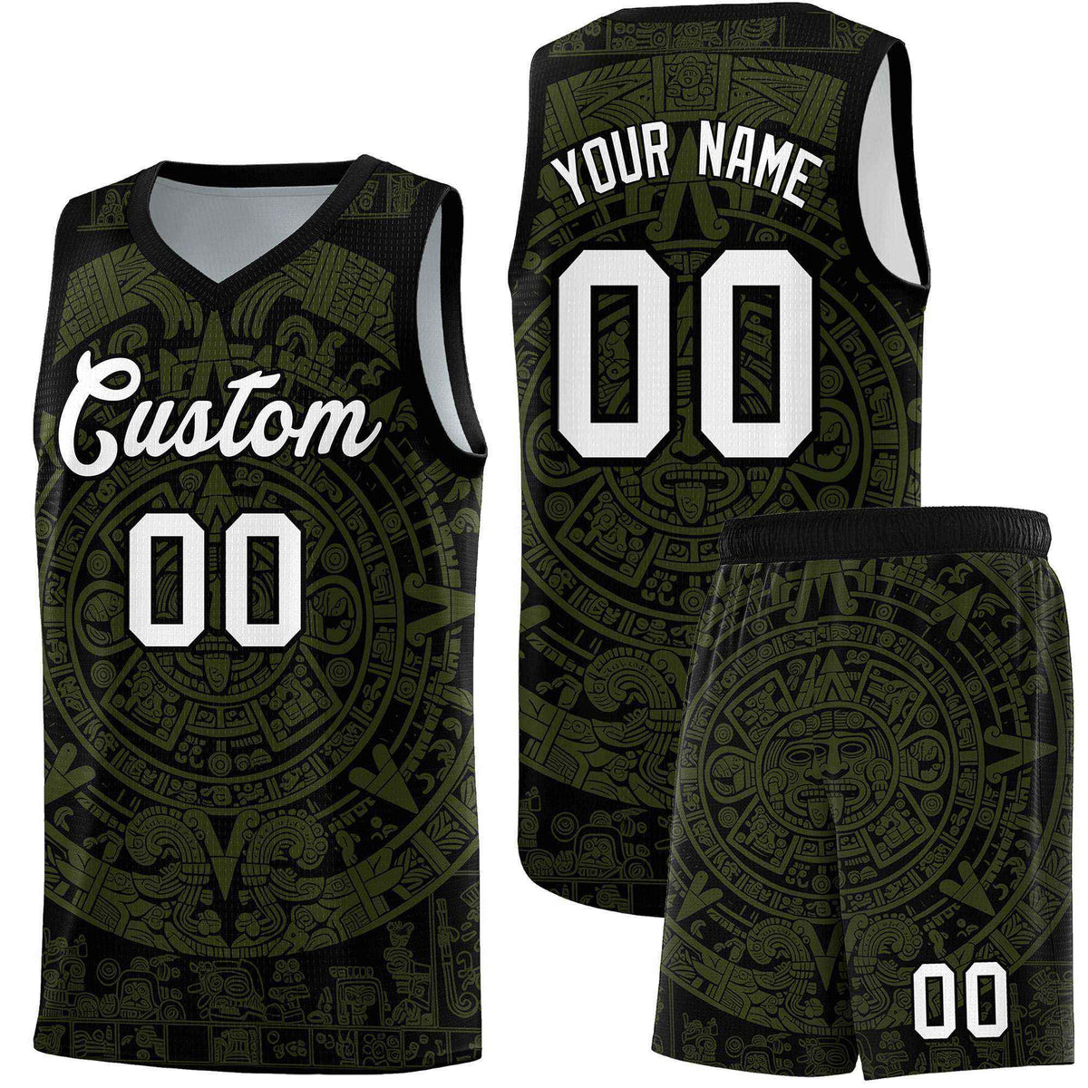 Custom Youth Basketball Jerseys Olive Aztec Sun Stone Pattern Custom Team Set
