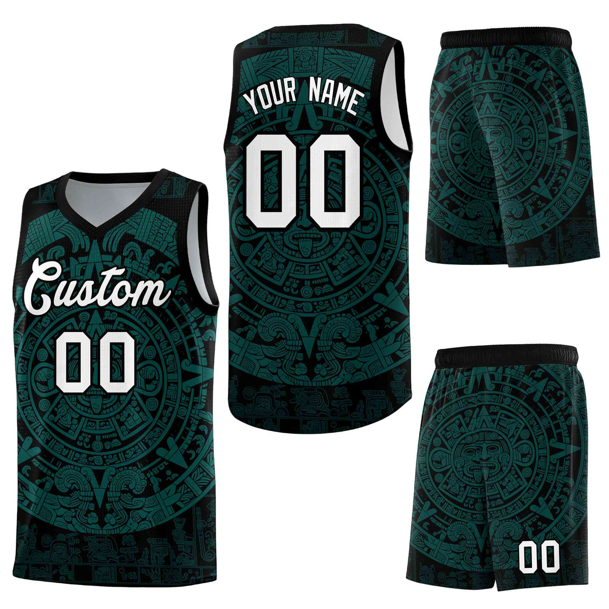 Custom Black Teal Aztec Sun Stone Graffiti Pattern Lightweight Uniform Basketball Jersey