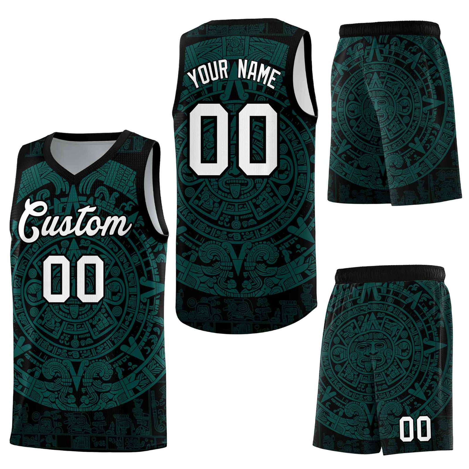 Custom Black Teal Aztec Sun Stone Graffiti Pattern Lightweight Uniform Basketball Jersey