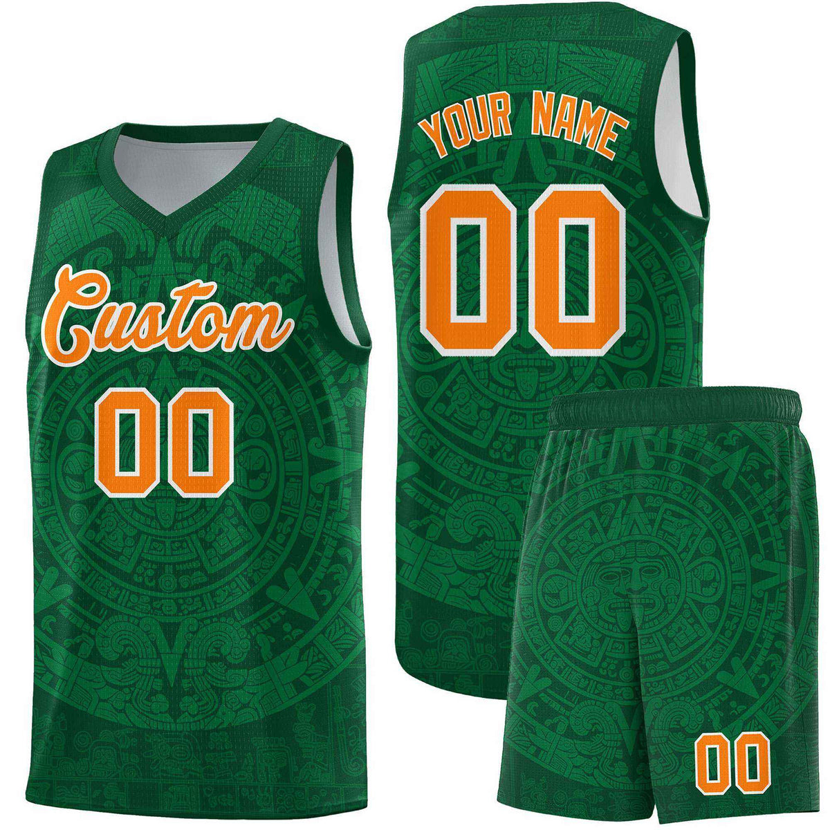 Custom Youth Basketball Jerseys Kelly Green Aztec Sun Stone Personalized Uniform