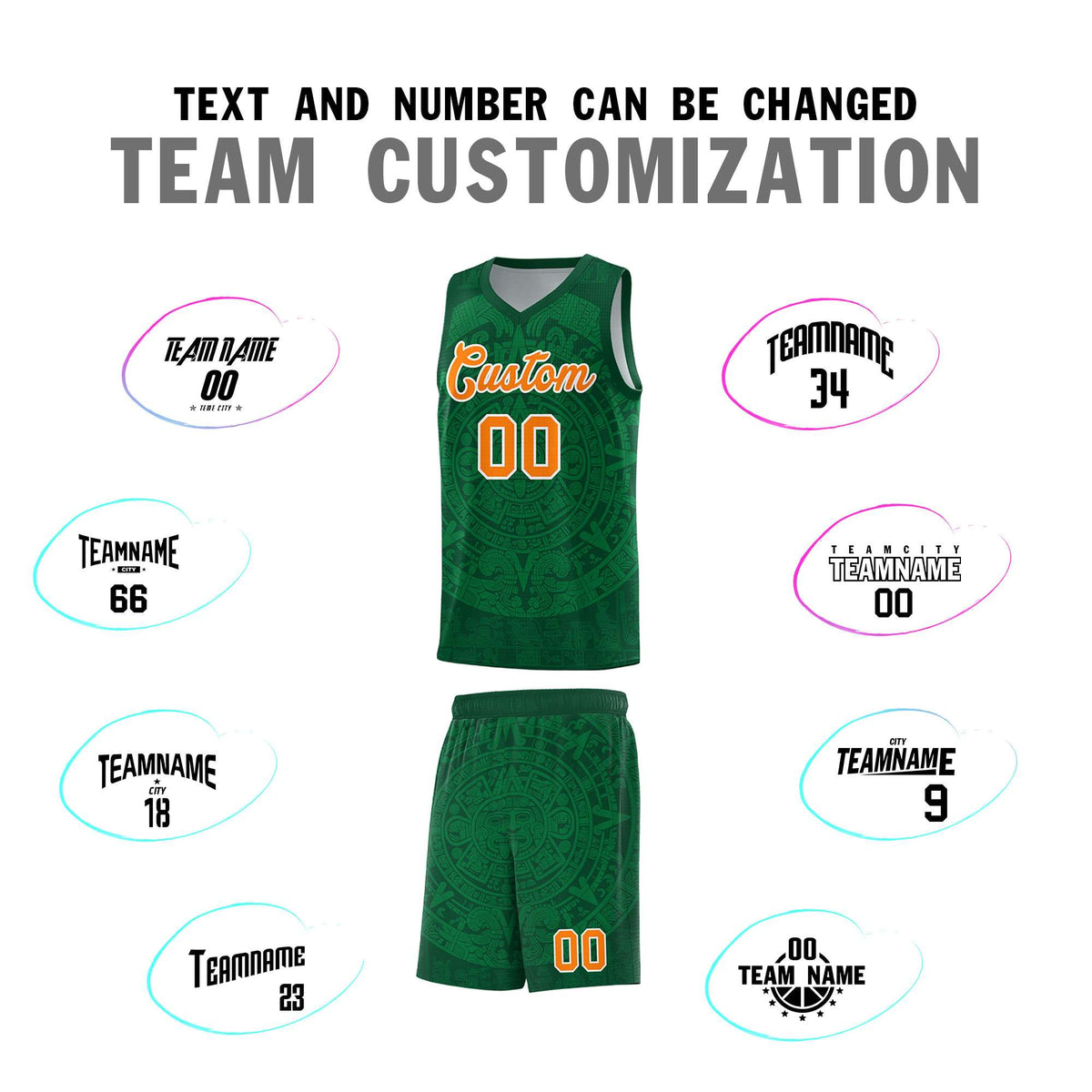 Custom Youth Basketball Jerseys Kelly Green Aztec Sun Stone Personalized Uniform