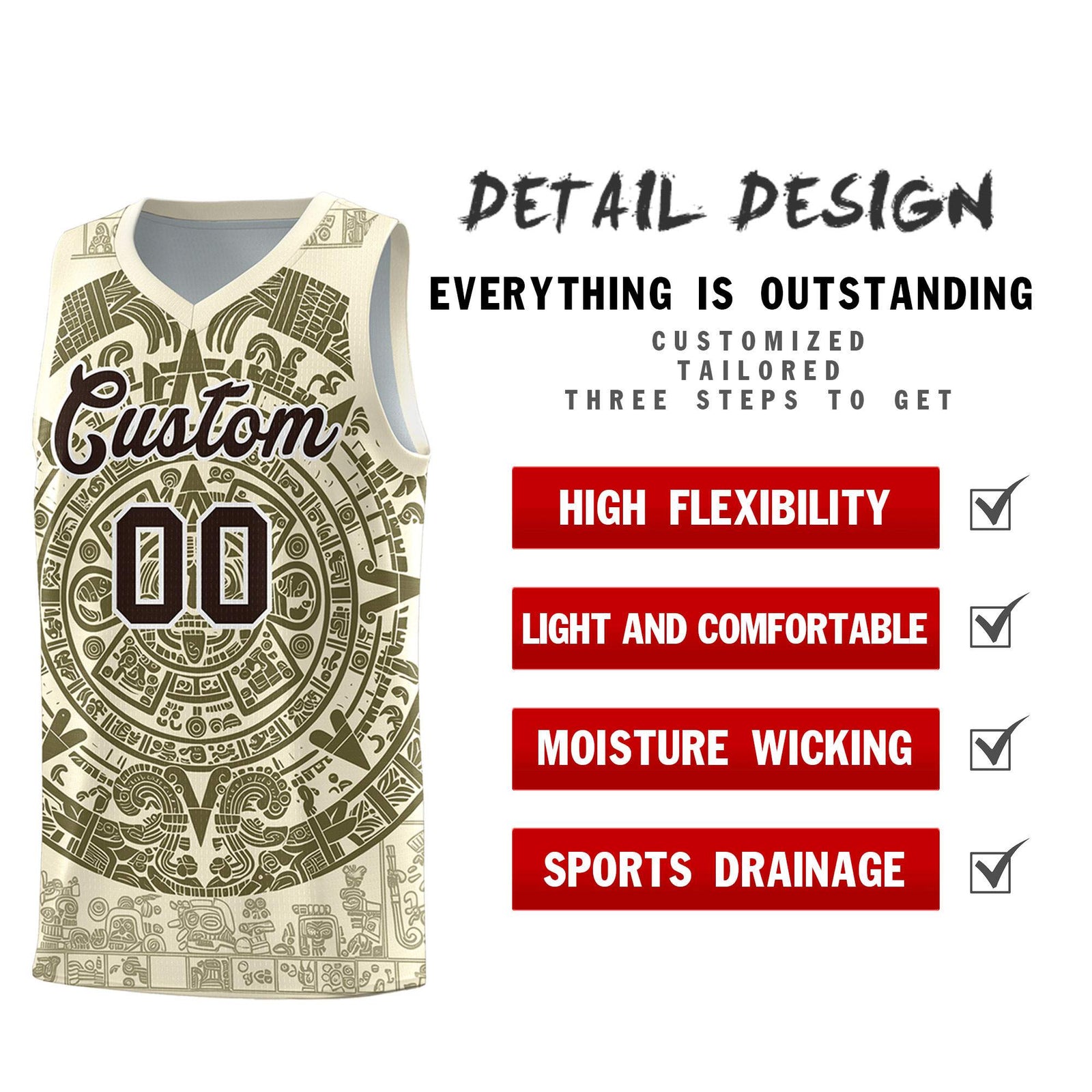 Custom Youth Basketball Jerseys Olive Aztec Sun Stone Personalized Uniform