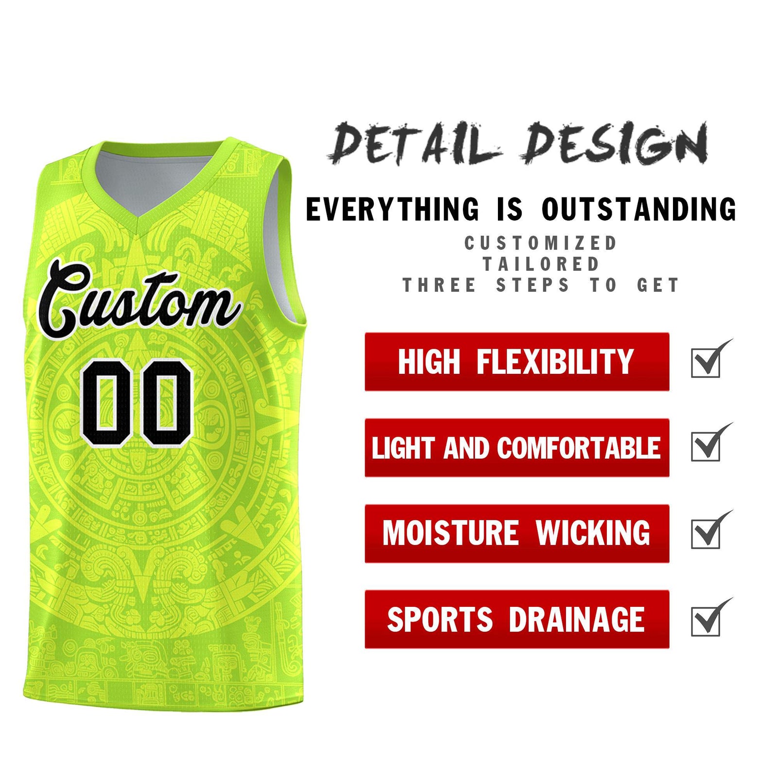 Custom Youth Basketball Jerseys Fluorescent Green Aztec Sun Stone Personalized Uniform